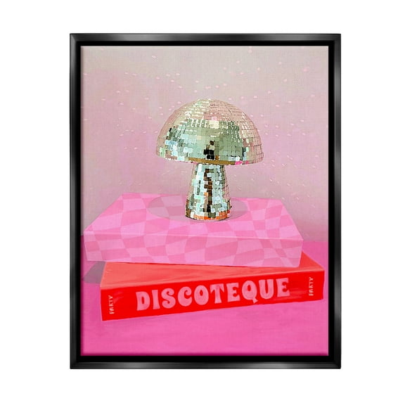Stupell Industries Disco Mushroom on Books Literature & Flim Painting Black Floater Framed Canvas Art Print Wall Art, 17 x 21