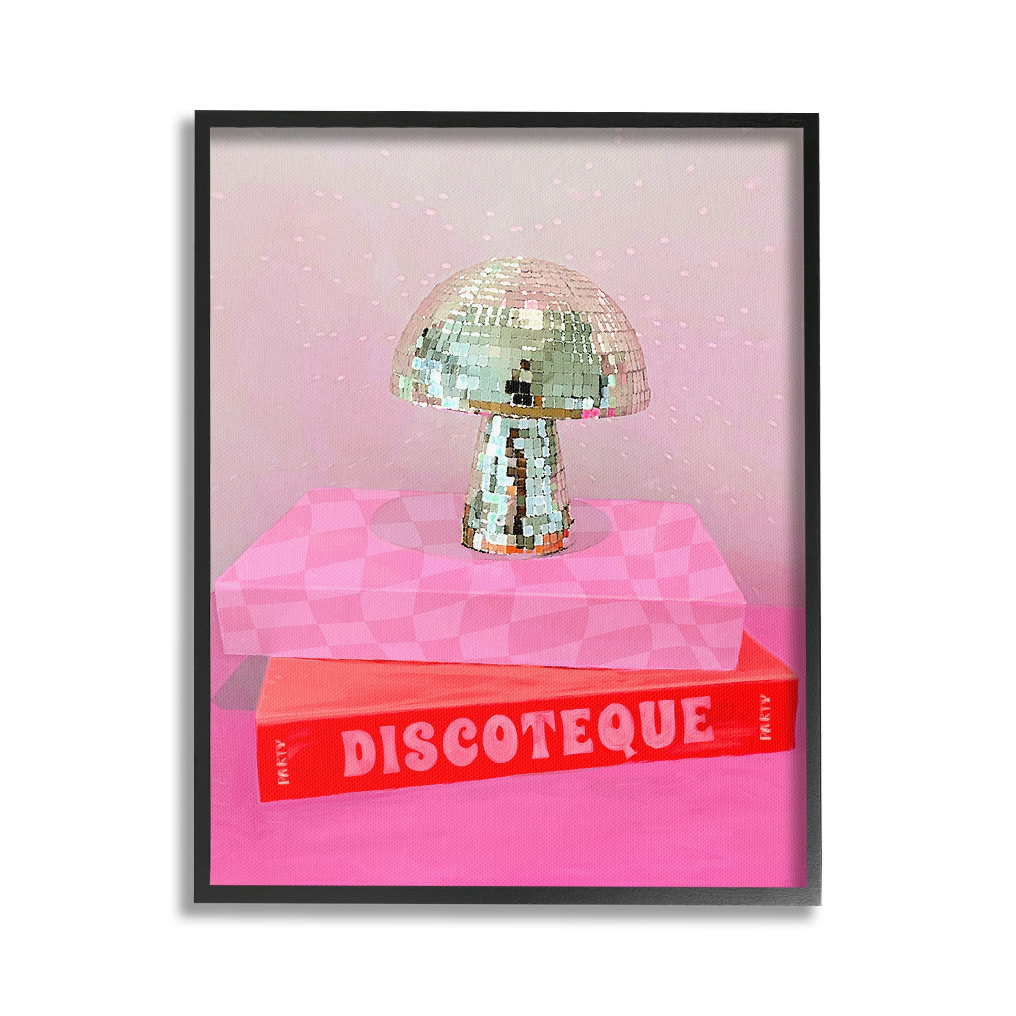 Stupell Industries Disco Mushroom on Books Literature & Flim Painting Black Framed Art Print Wall Art, 16 x 20
