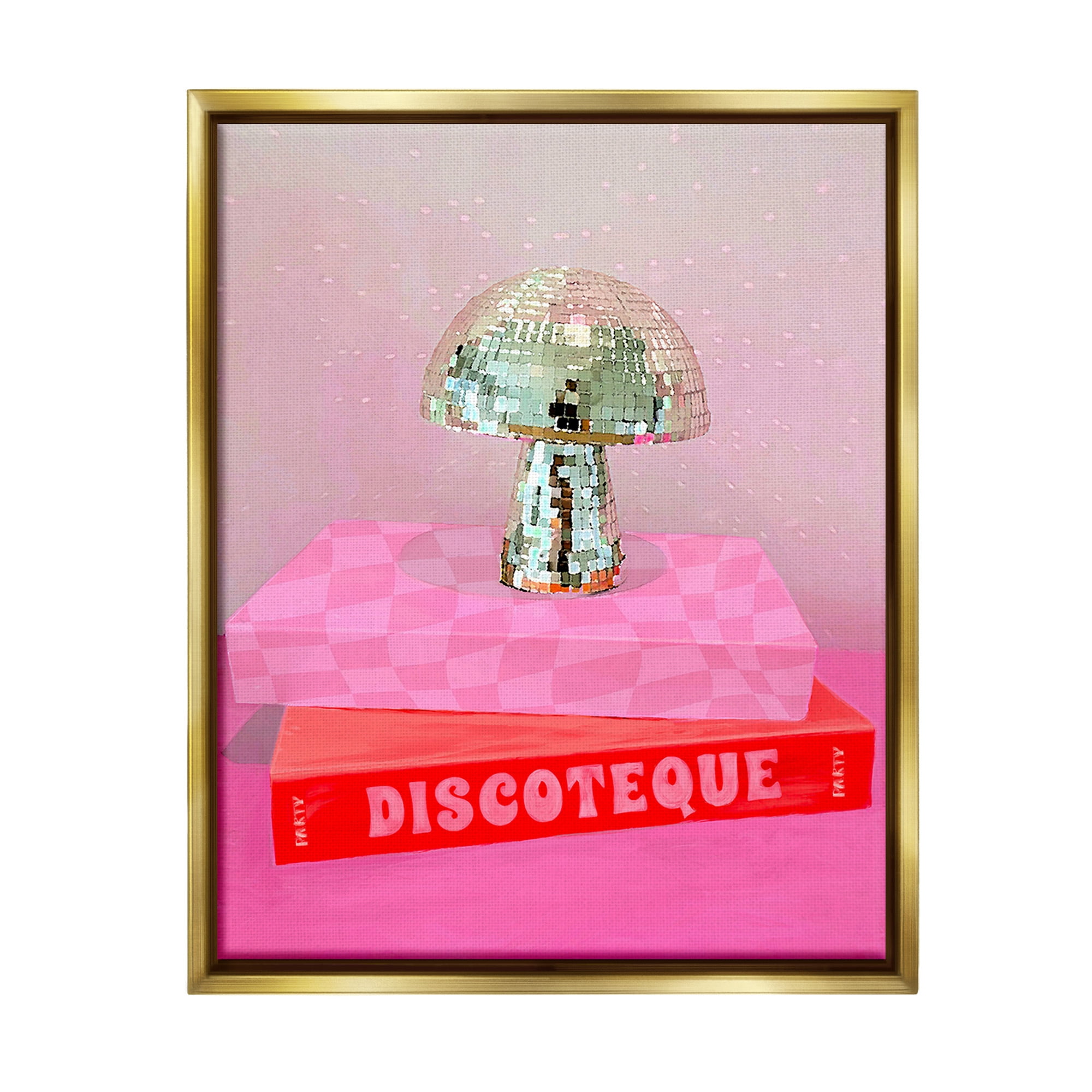Stupell Industries Disco Mushroom on Books Literature & Flim Painting Gold Floater Framed Canvas Art Print Wall Art, 17 x 21