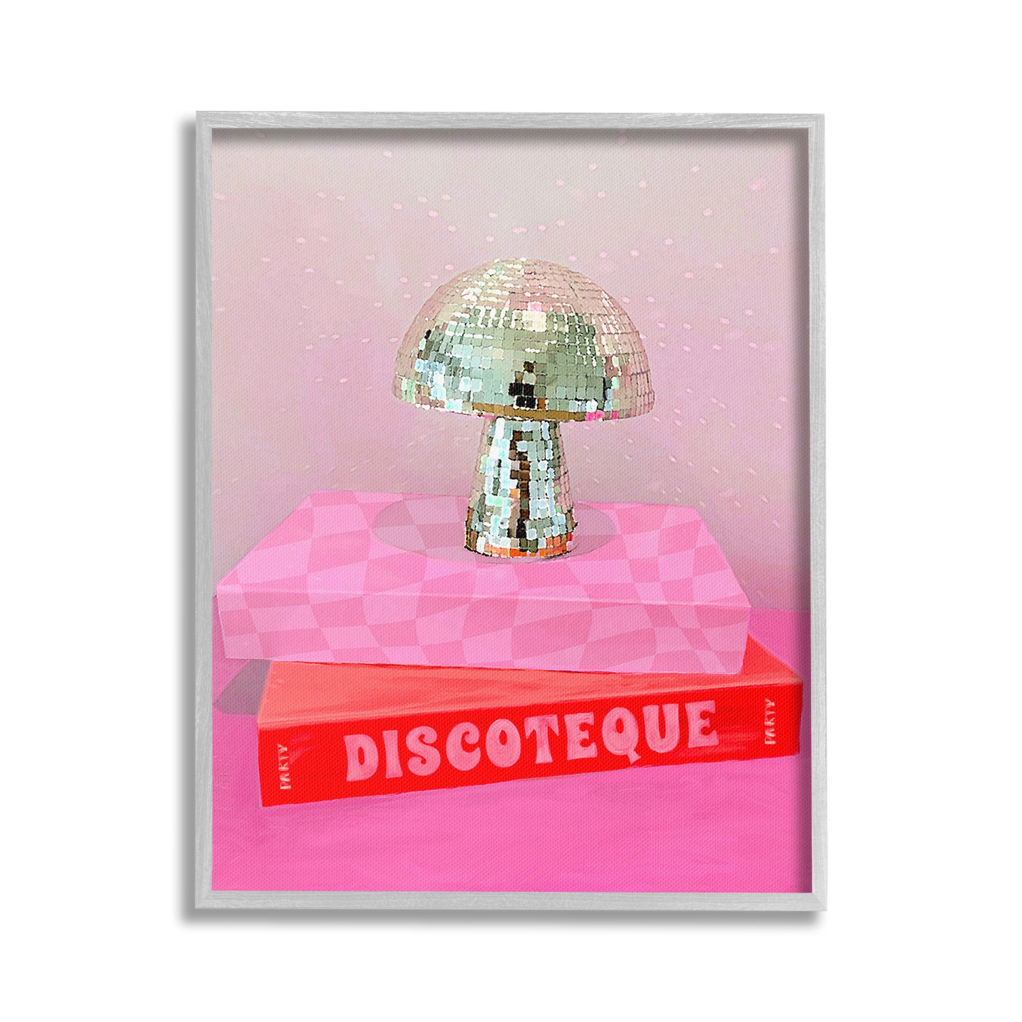 Stupell Industries Disco Mushroom on Books Literature & Flim Painting Gray Framed Art Print Wall Art, 24 x 30