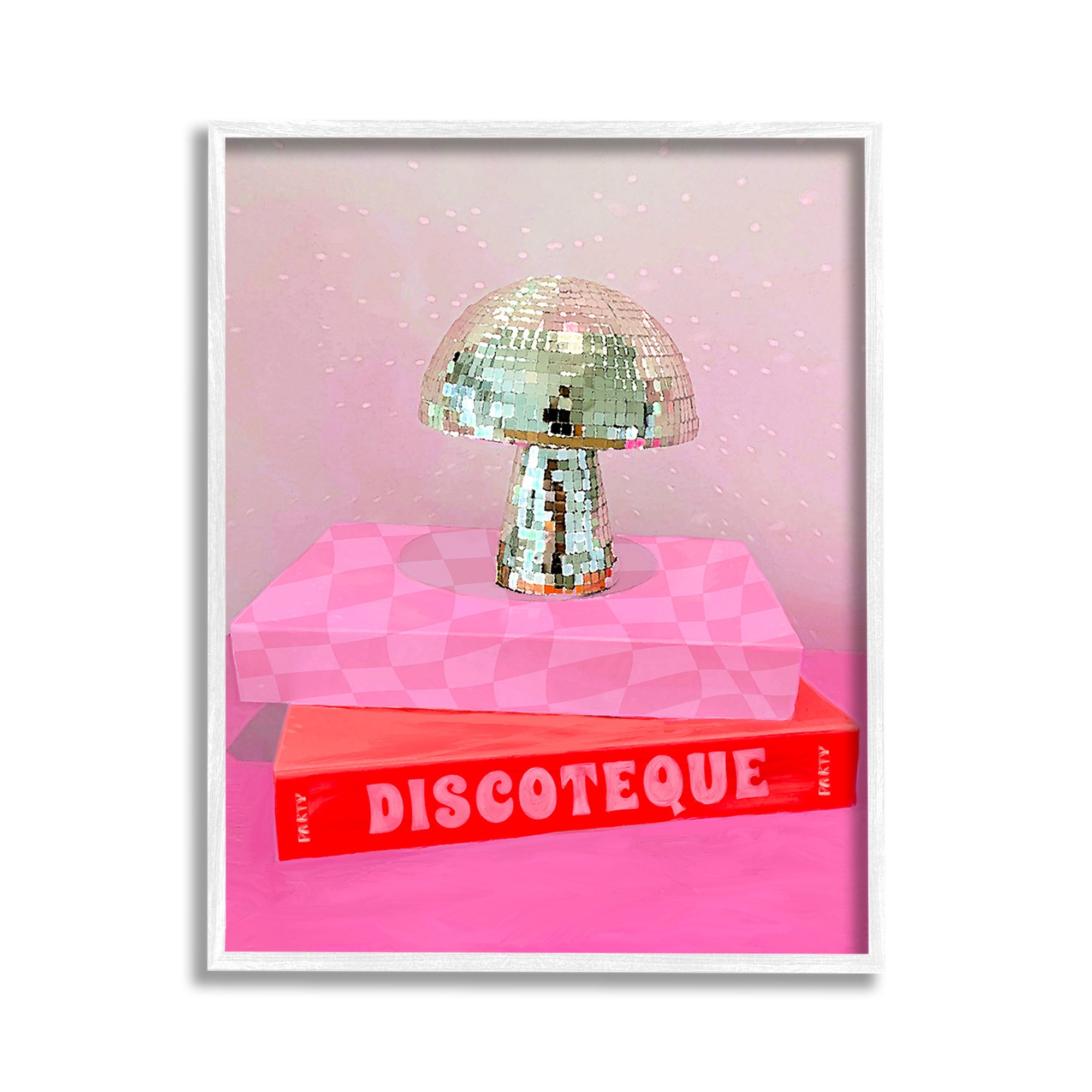 Stupell Industries Disco Mushroom on Books Literature & Flim Painting White Framed Art Print Wall Art, 11 x 14