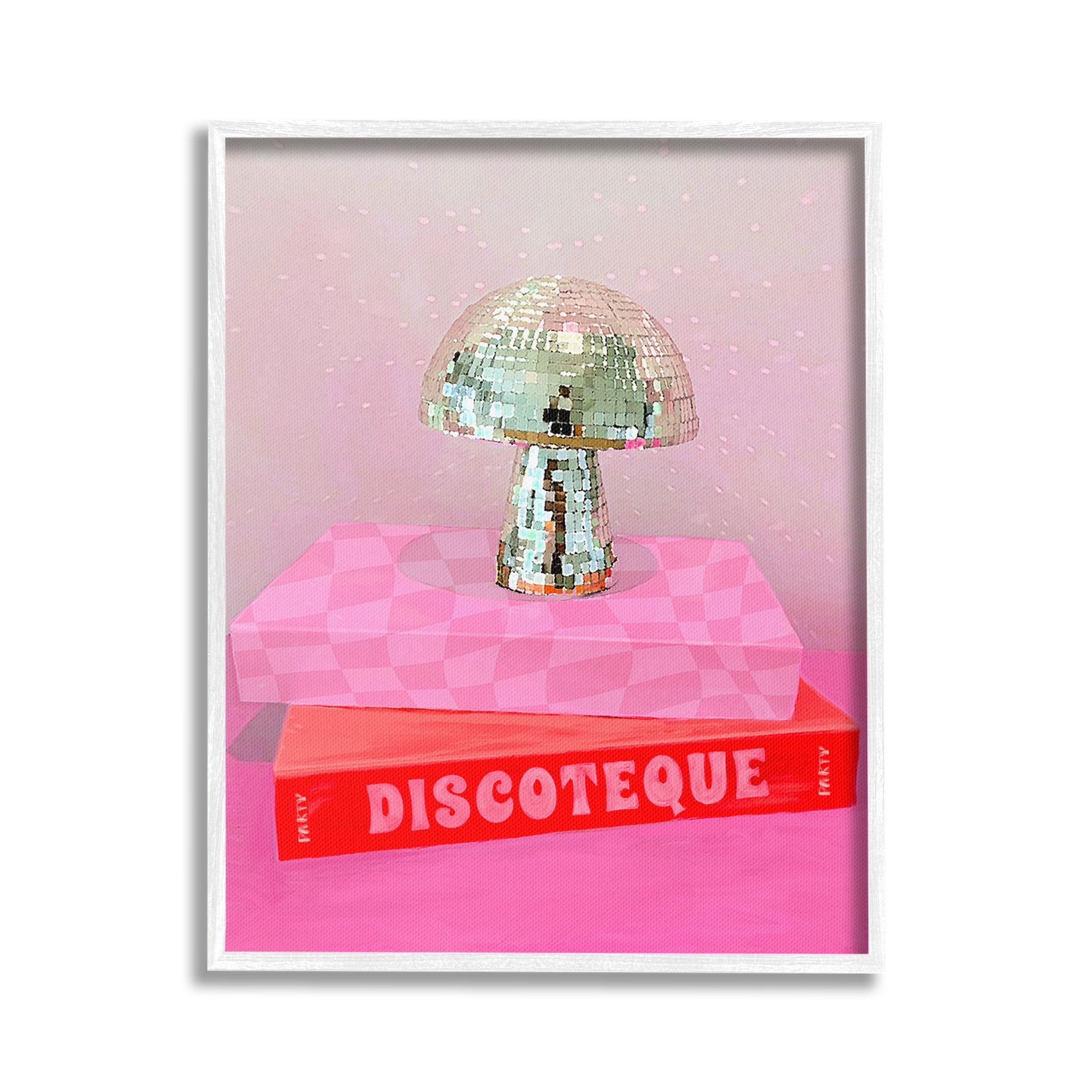 Stupell Industries Disco Mushroom on Books Literature & Flim Painting White Framed Art Print Wall Art, 16 x 20