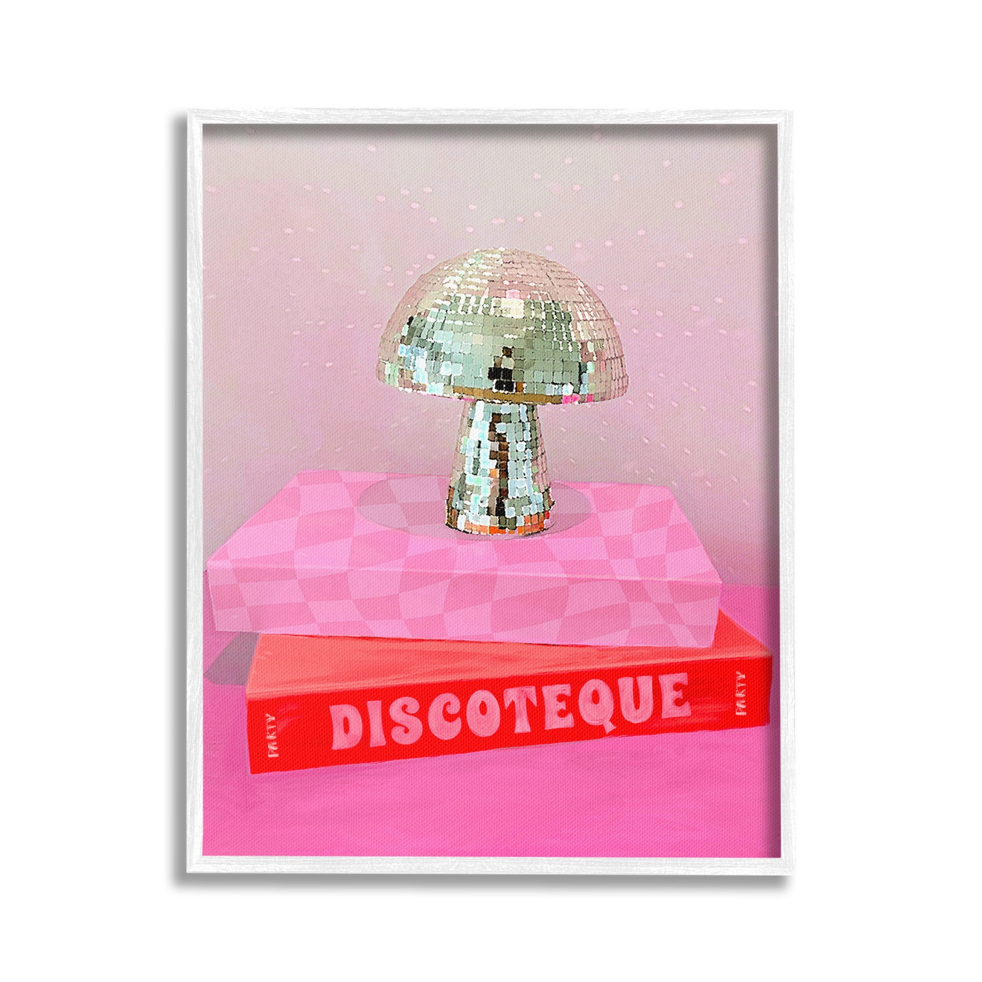 Stupell Industries Disco Mushroom on Books Literature & Flim Painting White Framed Art Print Wall Art, 24 x 30