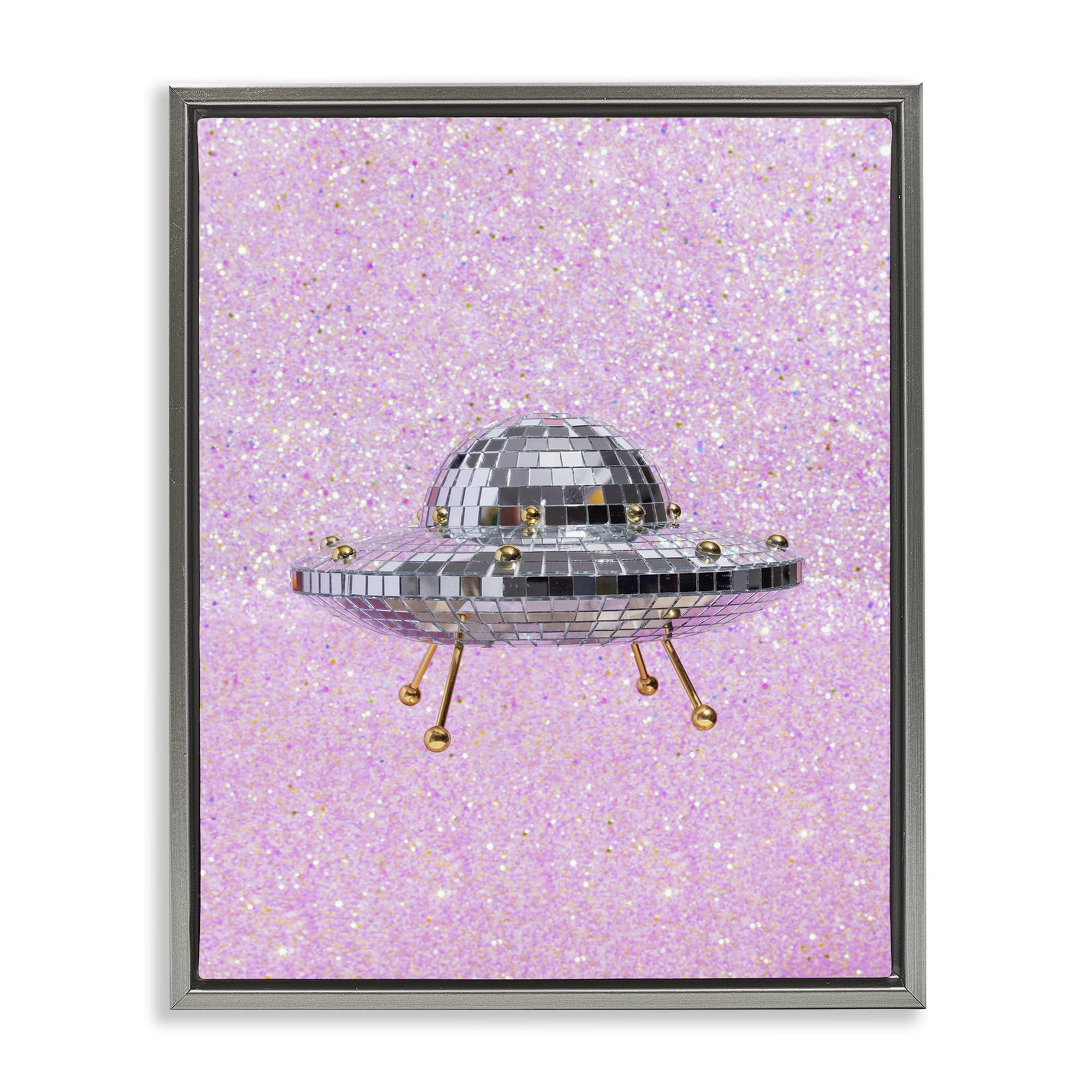 Stupell Industries Disco Patterned UFO Performing Arts Painting Gray Floater Framed Art Print Wall Art, 17 x 21