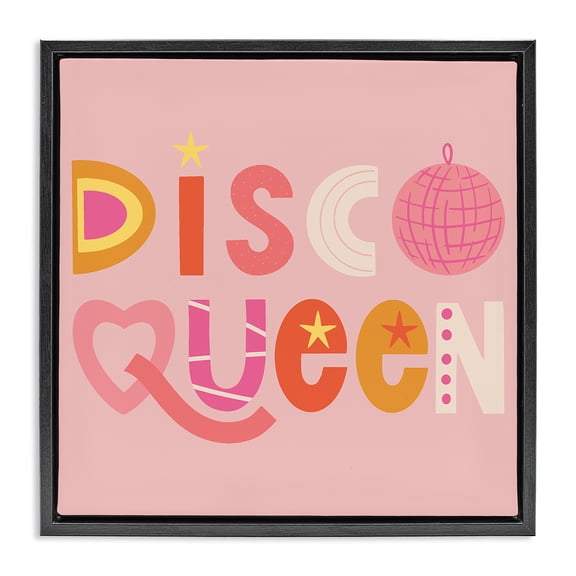 Stupell Industries Disco Queen Pastel Pink Quotes and Sayings Painting Black Floater Framed Canvas Art Print Wall Art, 18 x 18