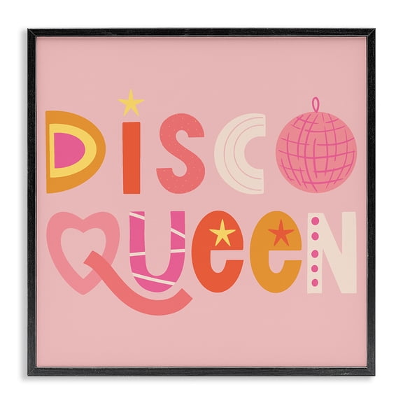 Stupell Industries Disco Queen Pastel Pink Quotes and Sayings Painting Black Framed Art Print Wall Art, 24 x 24