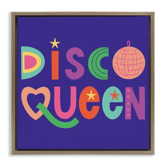 Stupell Industries Disco Queen with Retro Letters Quotes and Sayings Painting Brown Floater Framed Canvas Art Print Wall Art, 18 x 18
