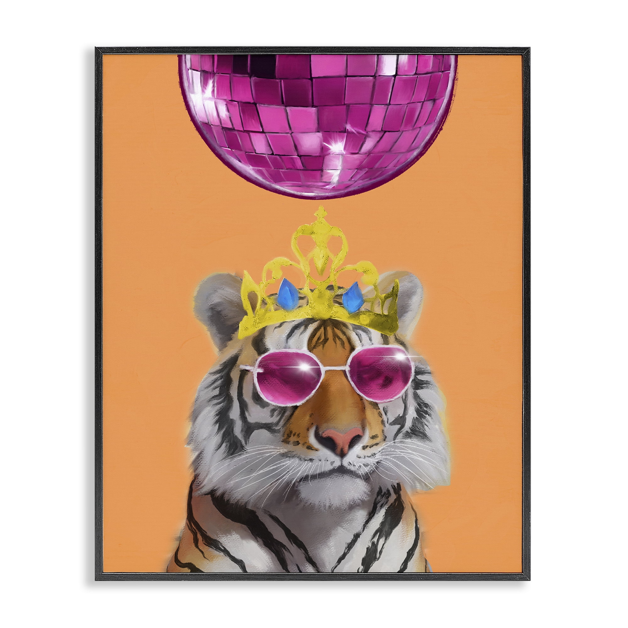 Stupell Industries Disco Tiger with Crown Animals Painting Black Framed Art Print Wall Art, 11 x 14