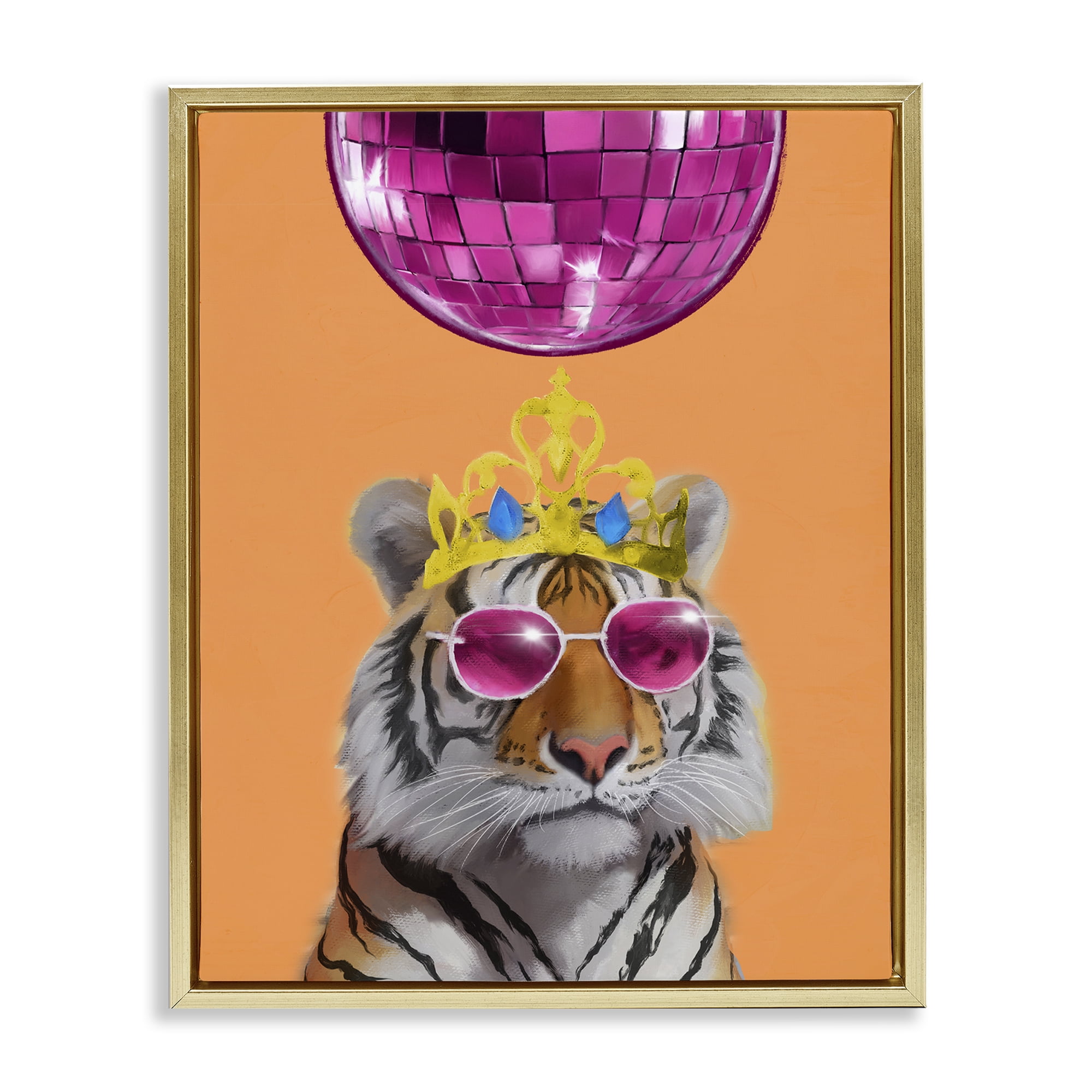 Stupell Industries Disco Tiger with Crown Animals Painting Gold Floater Framed Canvas Art Print Wall Art, 17 x 21