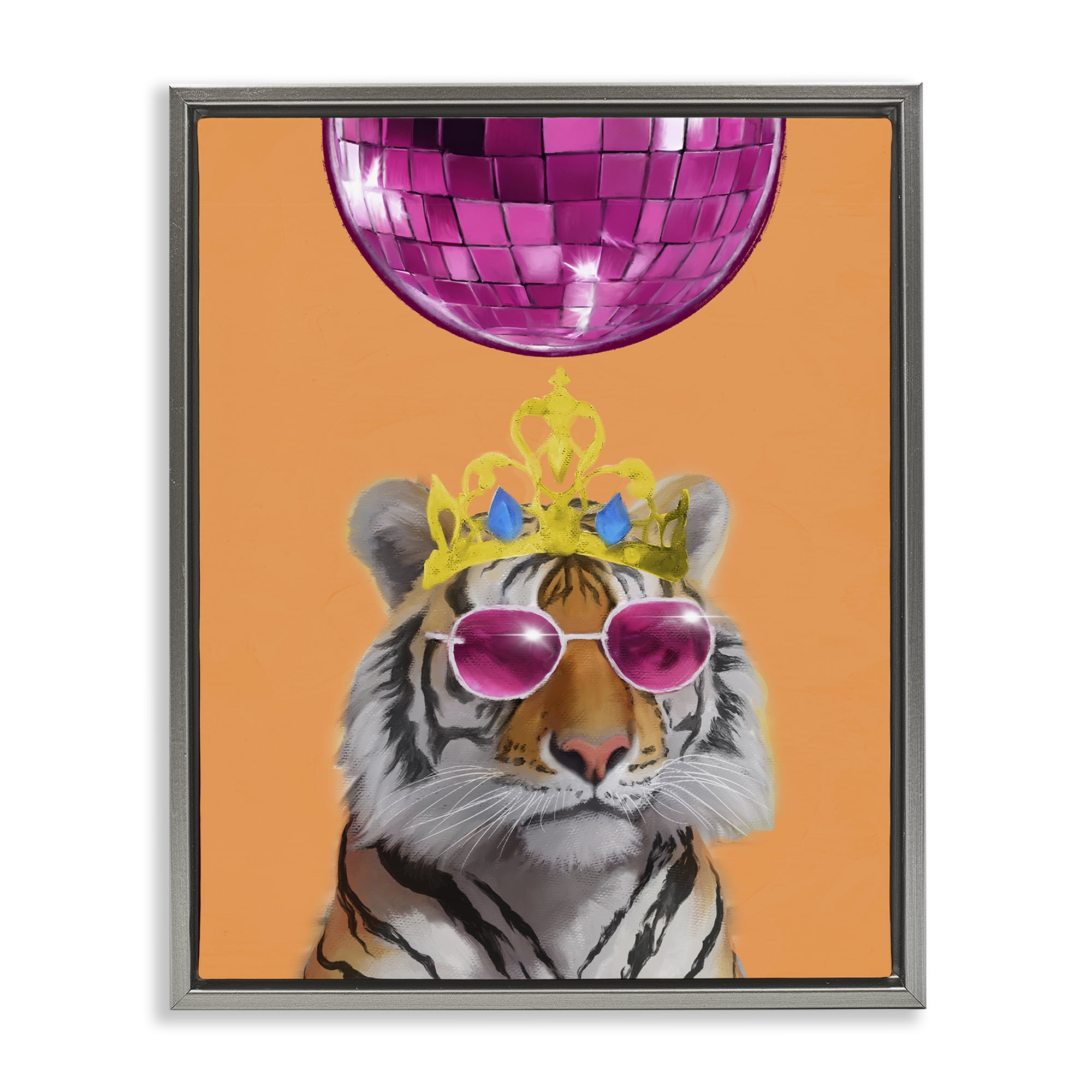 Stupell Industries Disco Tiger with Crown Animals Painting Gray Floater Framed Canvas Art Print Wall Art, 25 x 31