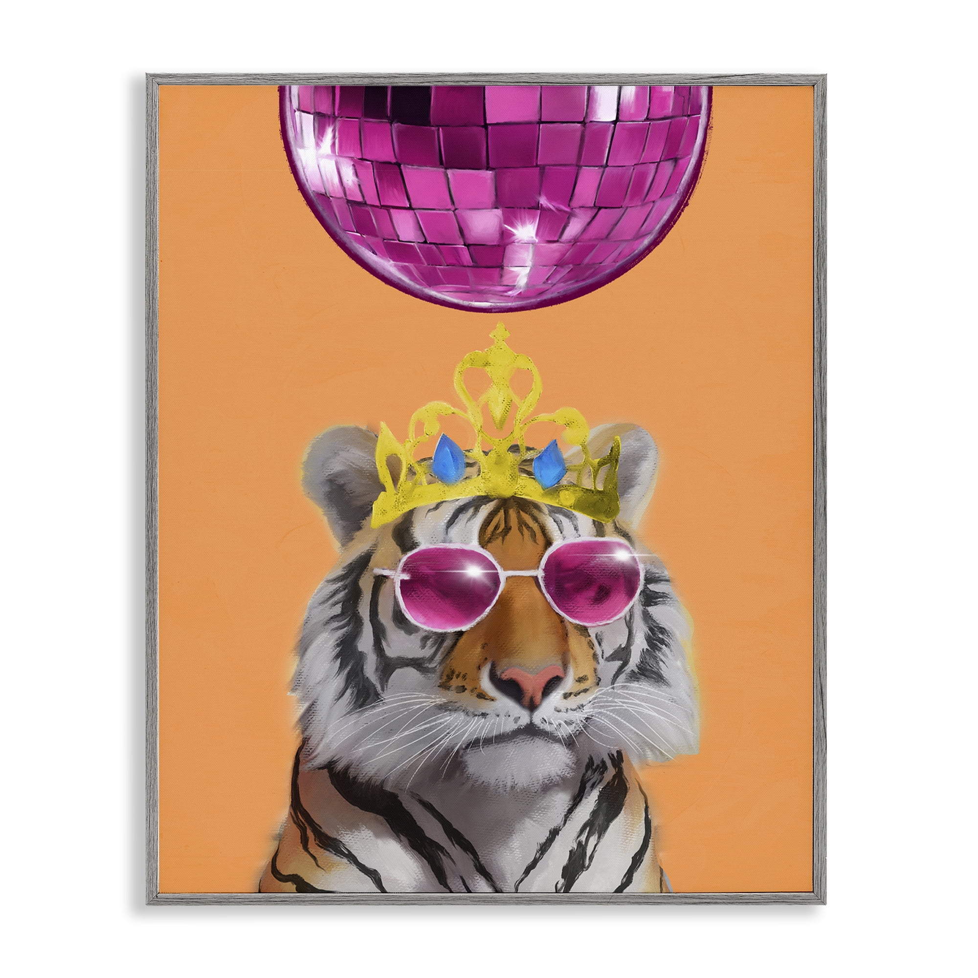 Stupell Industries Disco Tiger with Crown Animals Painting Gray Framed Art Print Wall Art, 24 x 30