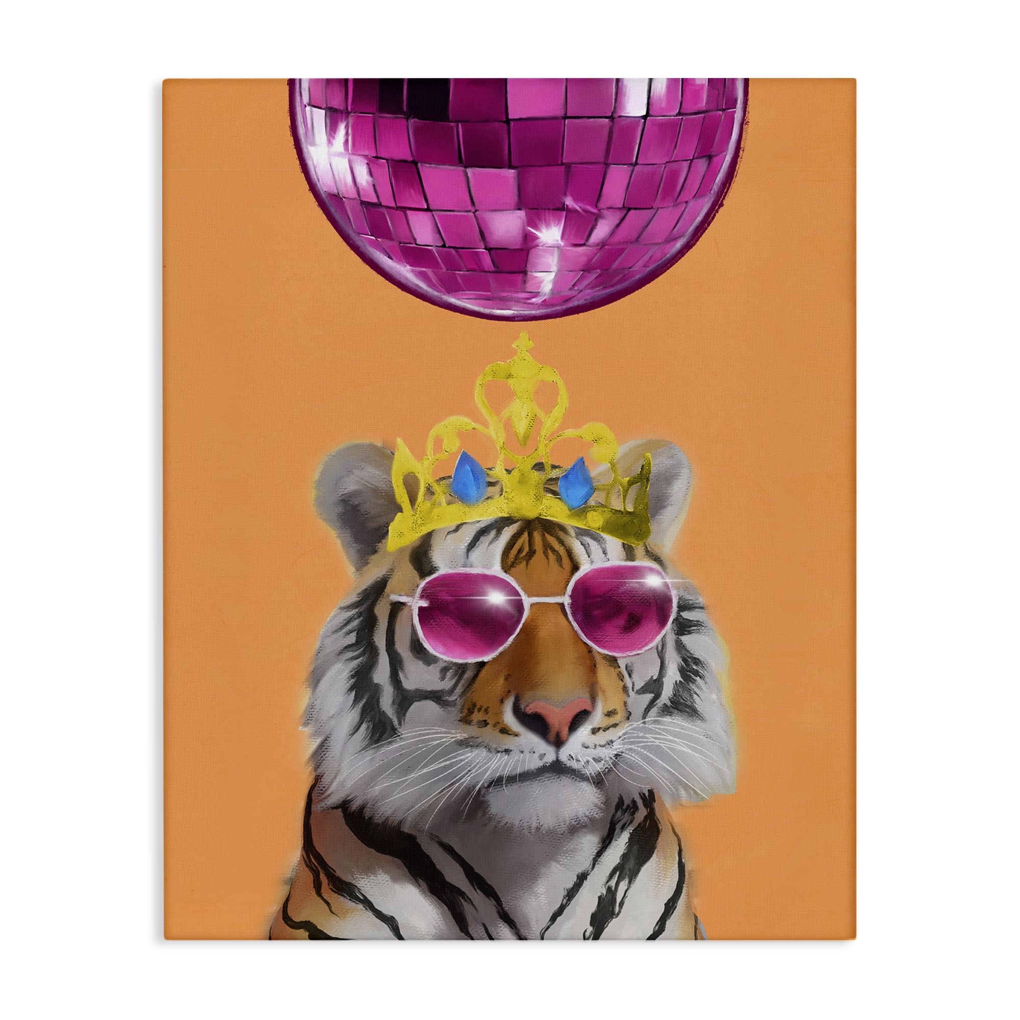 Stupell Industries Disco Tiger with Crown Animals Painting Wrapped Canvas Art Print Wall Art, 30 x 40