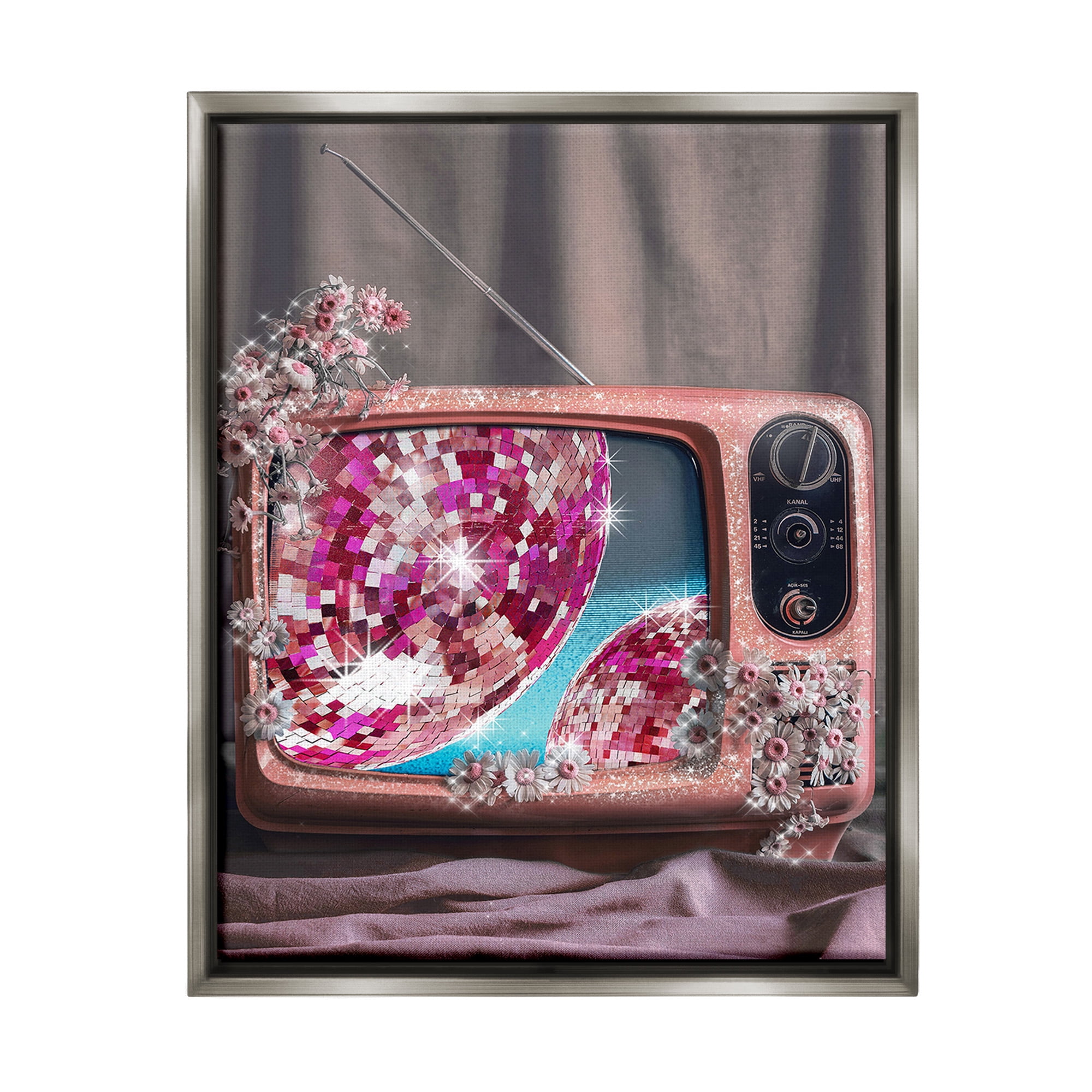 Stupell Industries Disco Vintage Television Novelty Painting Gray Floater Framed Canvas Art Print Wall Art, 17 x 21