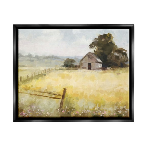 Stupell Industries Distant Barn Country Fence Landscape Painting Black Floater Framed Canvas Art Print Wall Art, 31 x 25