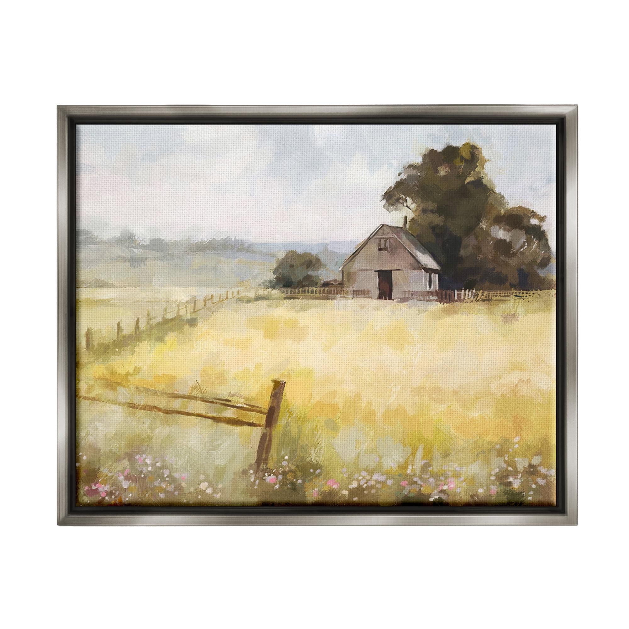 Stupell Industries Distant Barn Country Fence Landscape Painting Gray Floater Framed Canvas Art Print Wall Art, 21 x 17