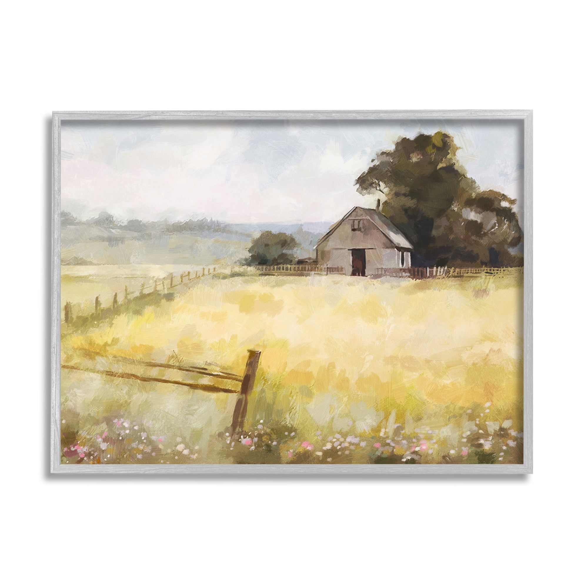 Stupell Industries Distant Barn Country Fence Landscape Painting Gray Framed Art Print Wall Art, 30 x 24