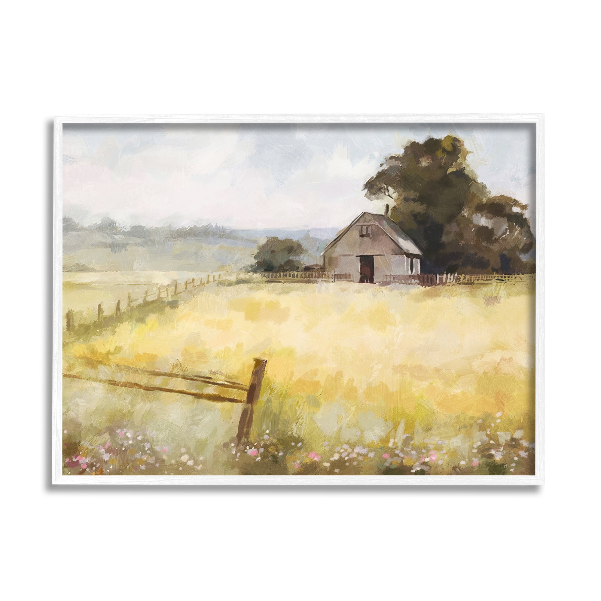 Stupell Industries Distant Barn Country Fence Landscape Painting White Framed Art Print Wall Art, 30 x 24