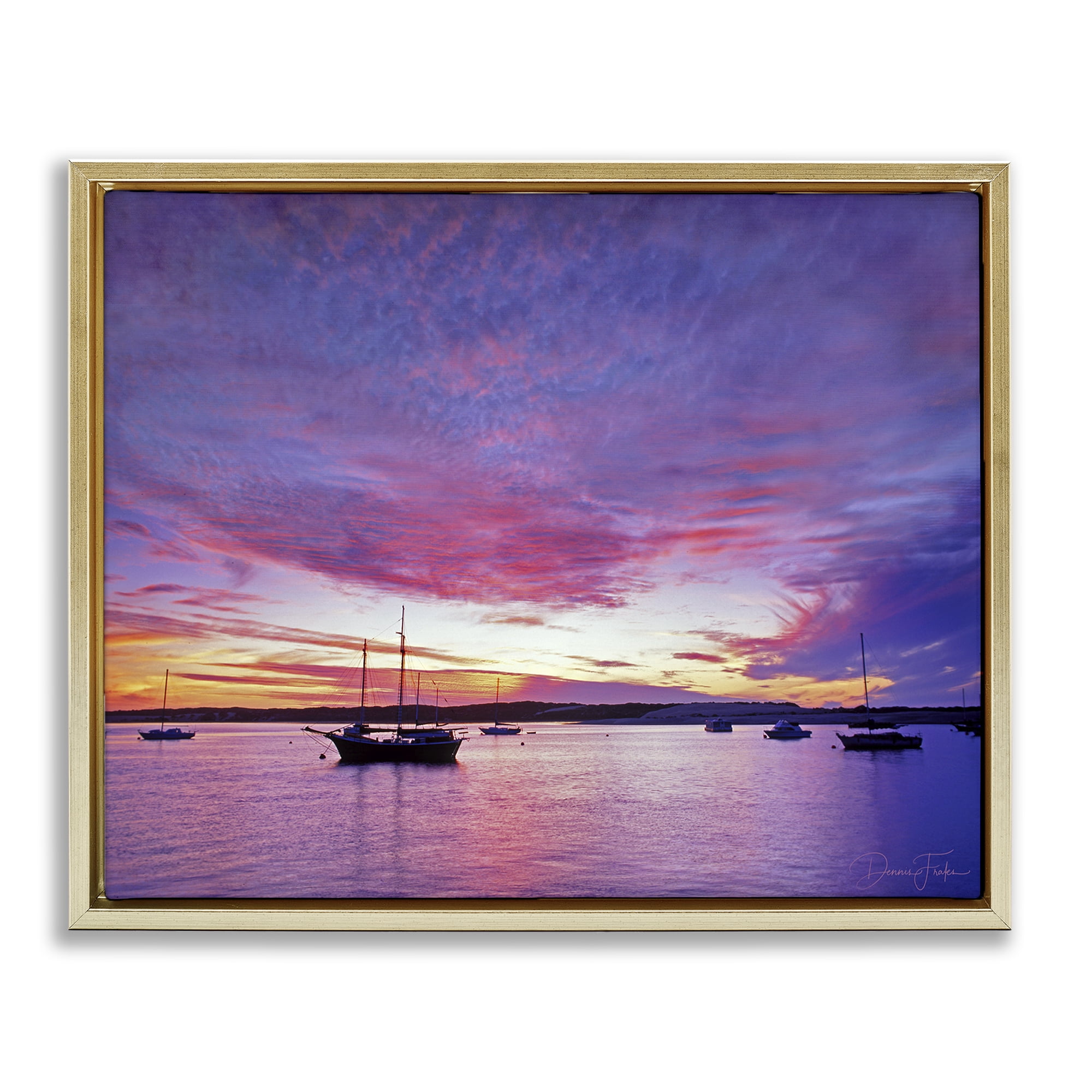 Stupell Industries Distant Boats at Sunset Transportation Photography Gold Floater Framed Canvas Art Print Wall Art, 21 x 17