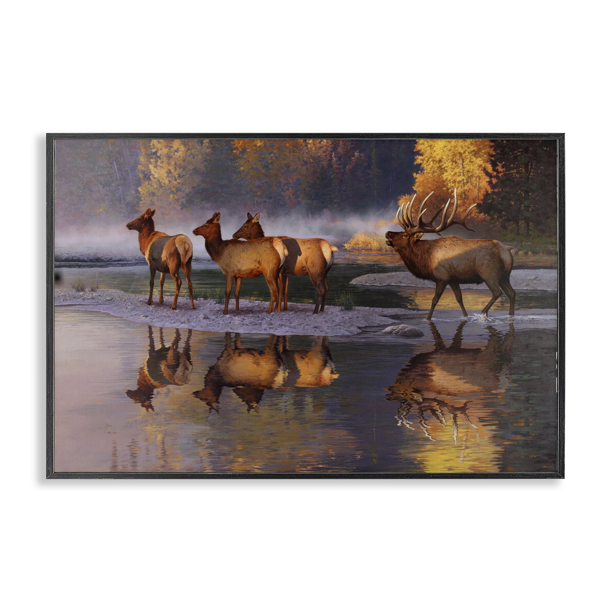 Stupell Industries Distant Challenge Elk Family Landscape & Nature Painting Black Framed Art Print Wall Art, 24 x 16