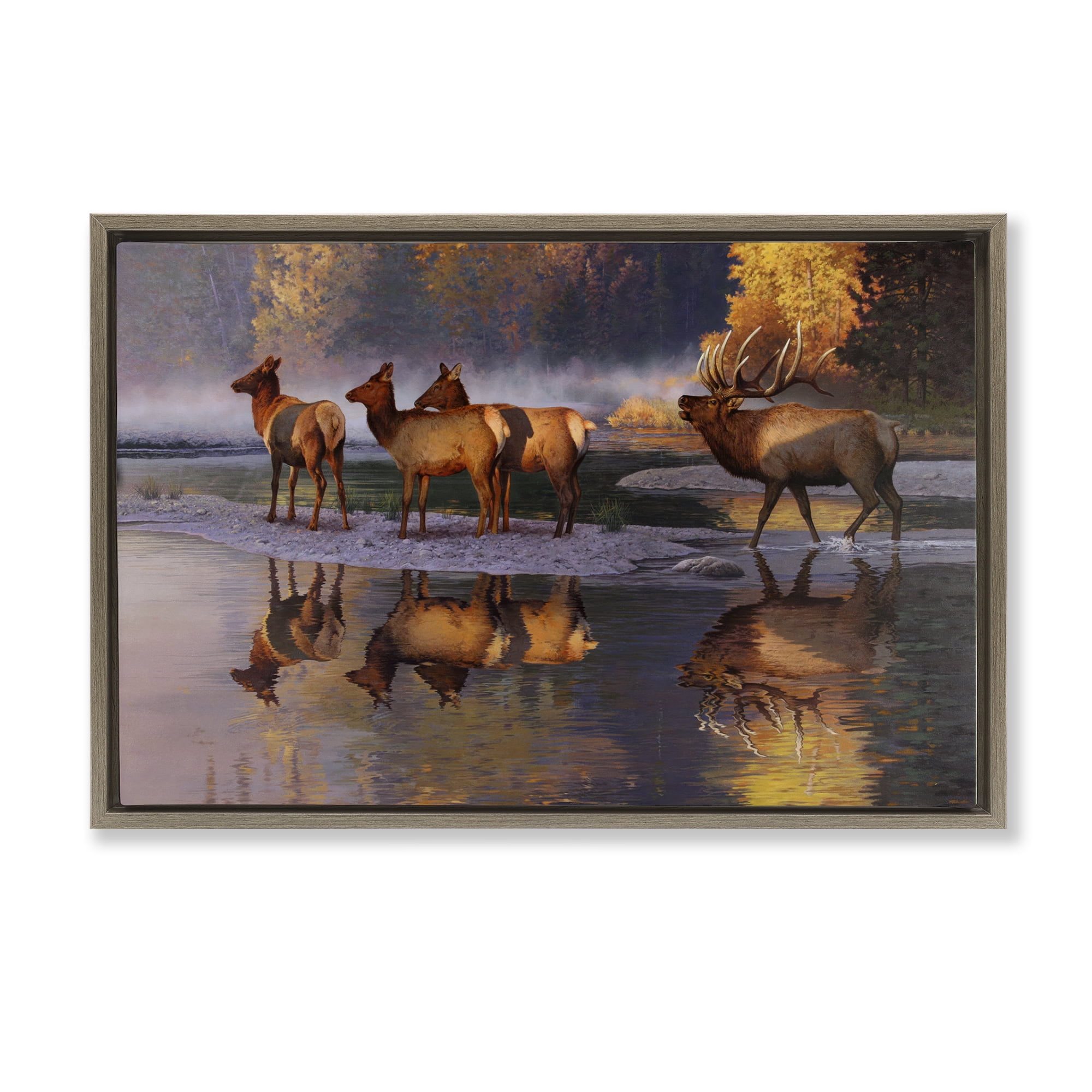 Stupell Industries Distant Challenge Elk Family Landscape & Nature Painting Brown Floater Framed Canvas Art Print Wall Art, 25 x 17