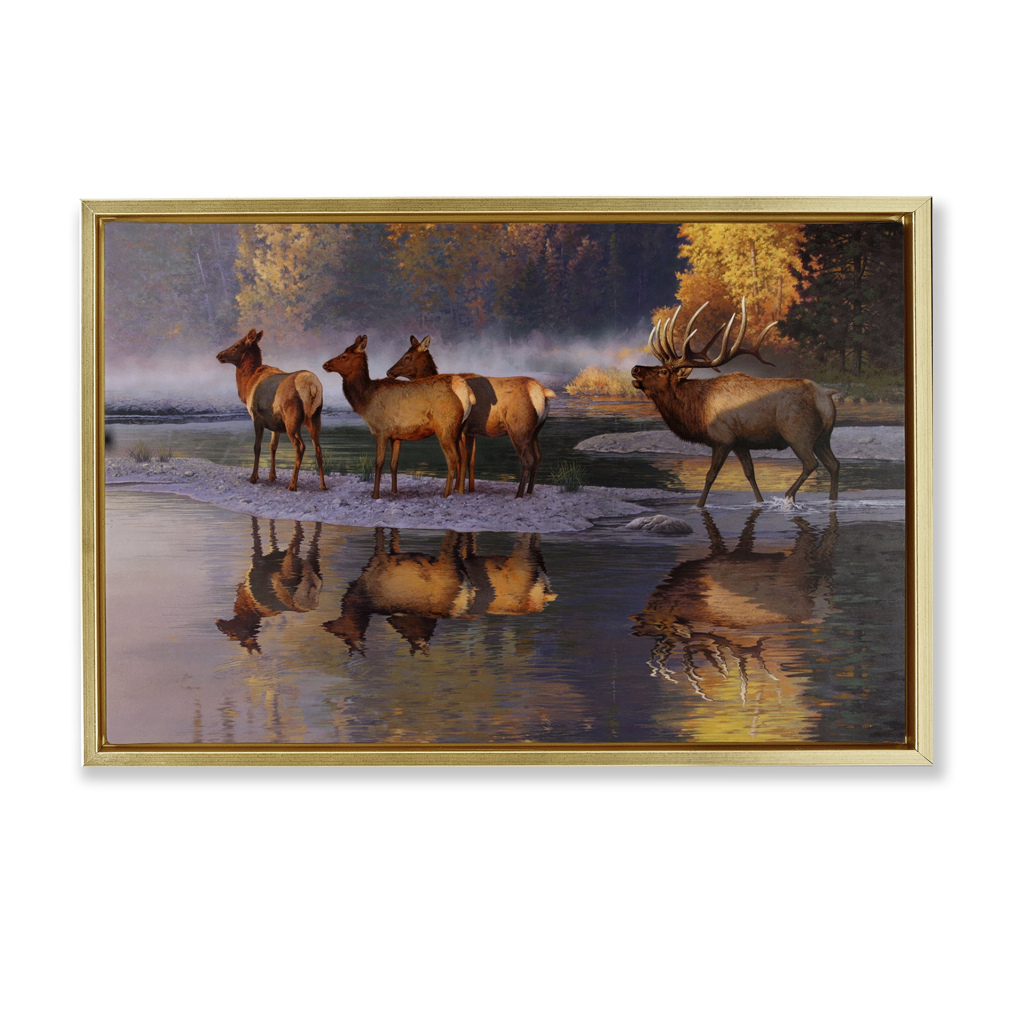 Stupell Industries Distant Challenge Elk Family Landscape & Nature Painting Gold Floater Framed Canvas Art Print Wall Art, 31 x 21