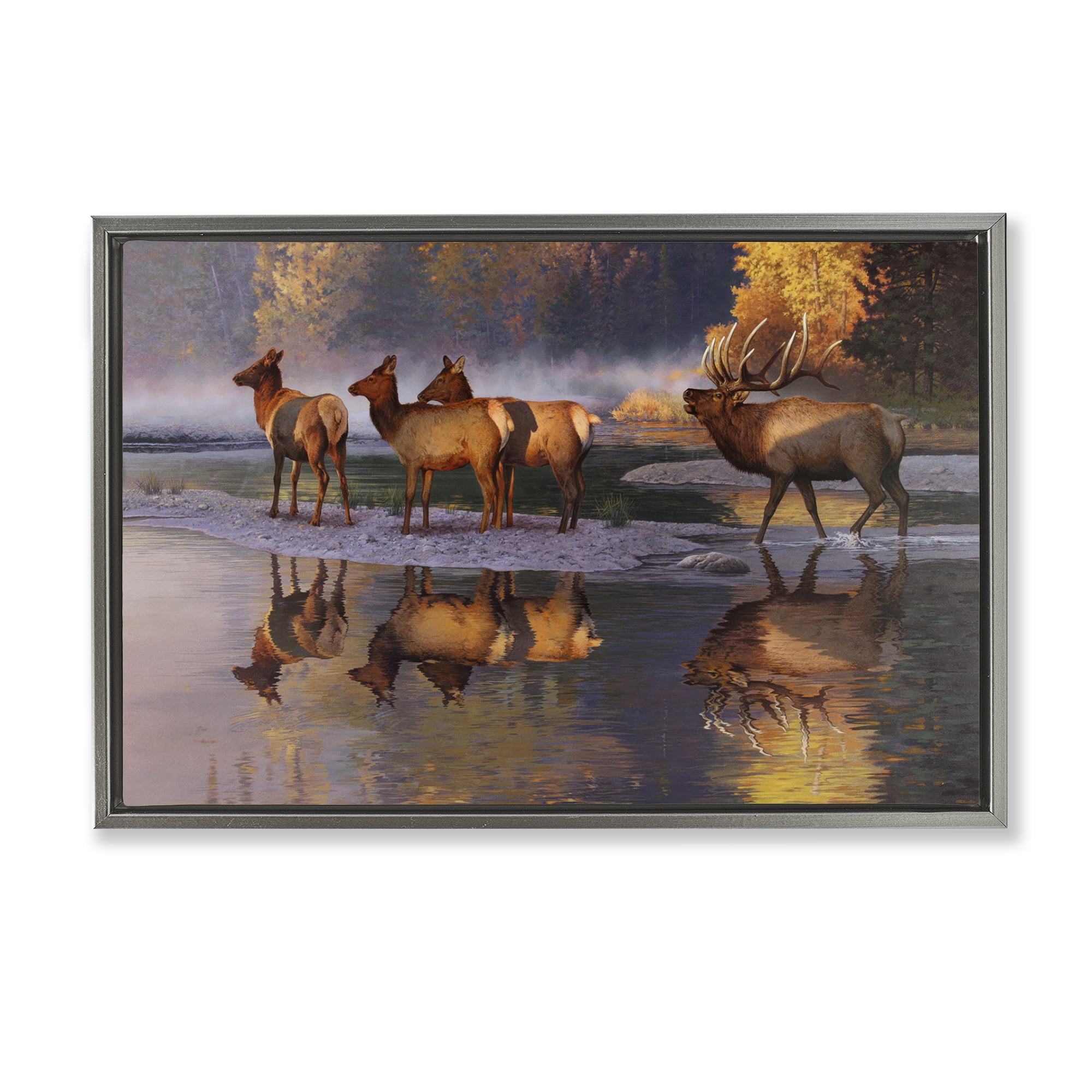 Stupell Industries Distant Challenge Elk Family Landscape & Nature Painting Gray Floater Framed Canvas Art Print Wall Art, 25 x 17