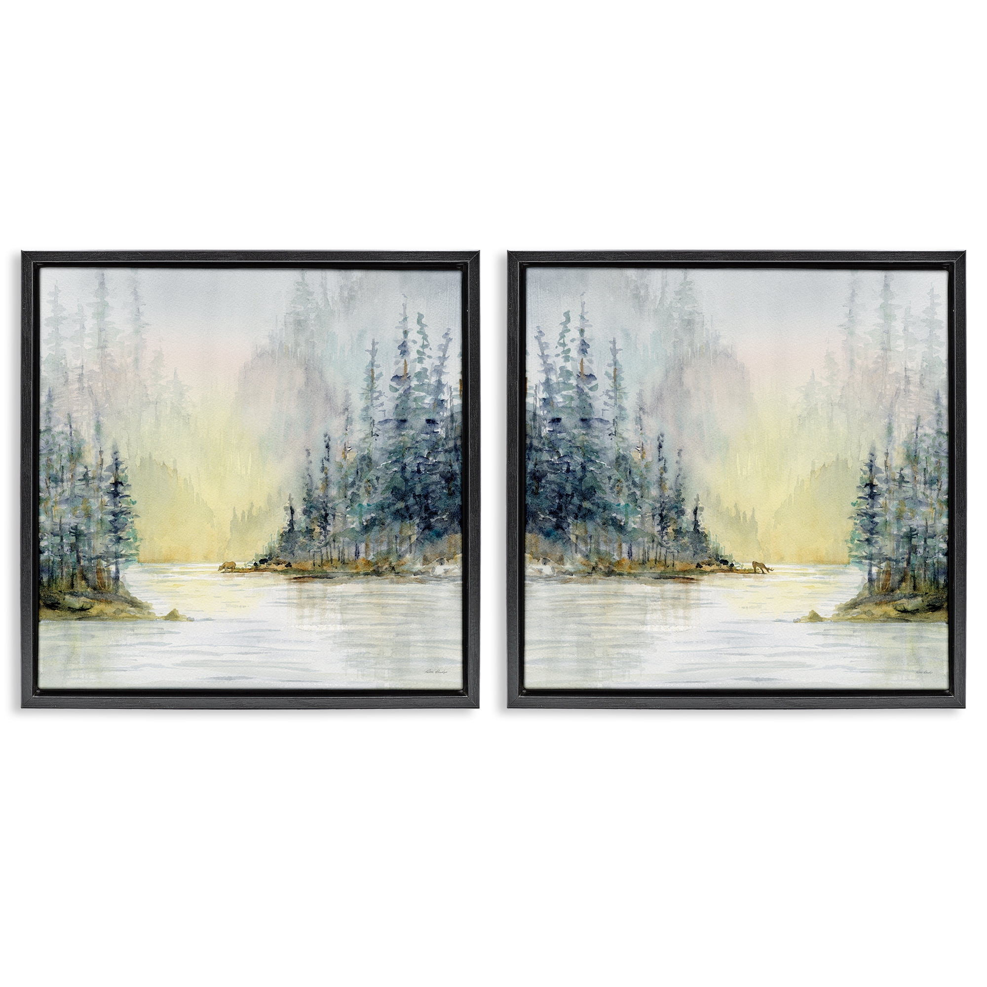 Stupell Industries Distant Deer Bear Pine Trees Landscape & Nature Painting Black Floater Framed Canvas Art Print Wall Art, 25 x 25, Set of 2