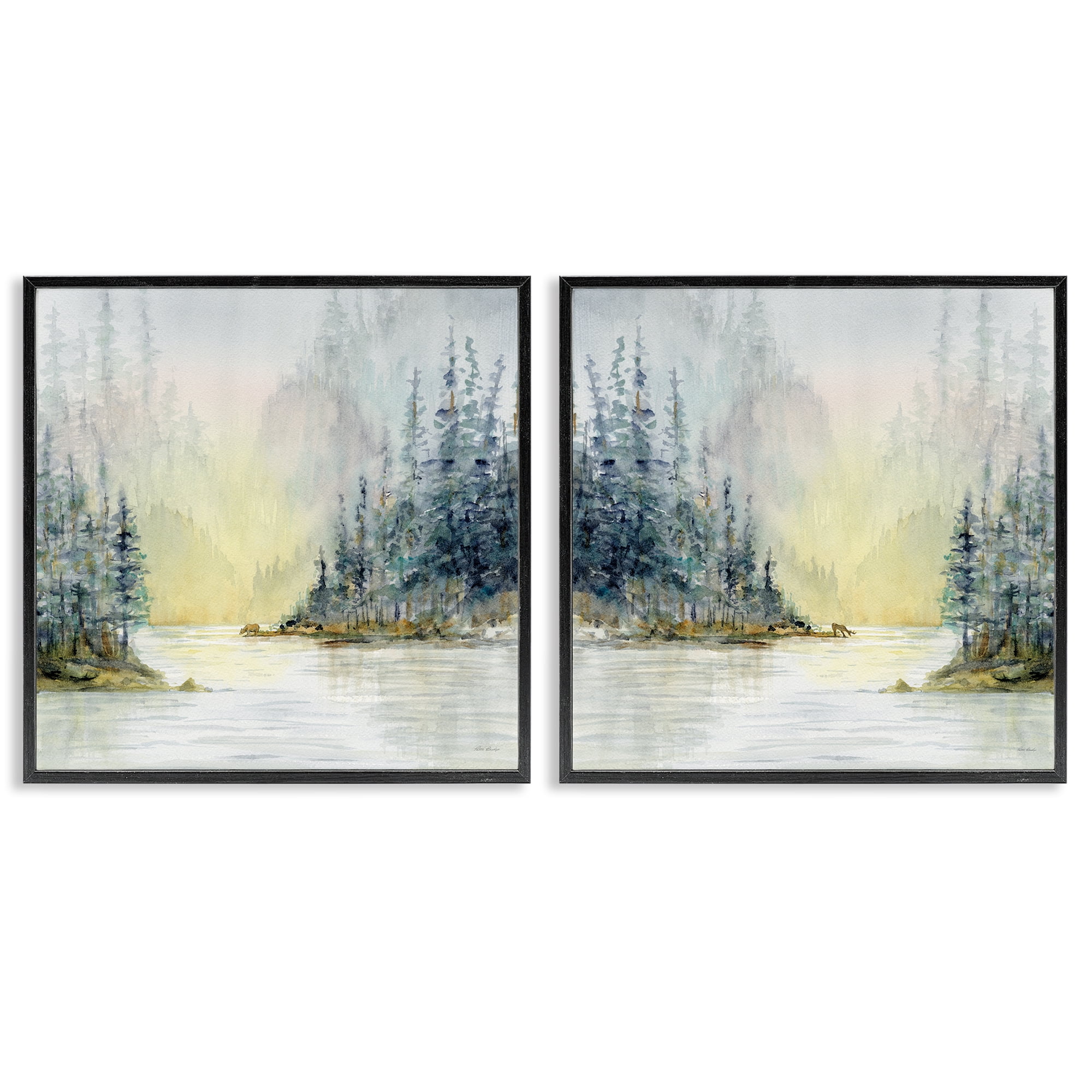 Stupell Industries Distant Deer Bear Pine Trees Landscape & Nature Painting Black Framed Art Print Wall Art, 17 x 17, Set of 2