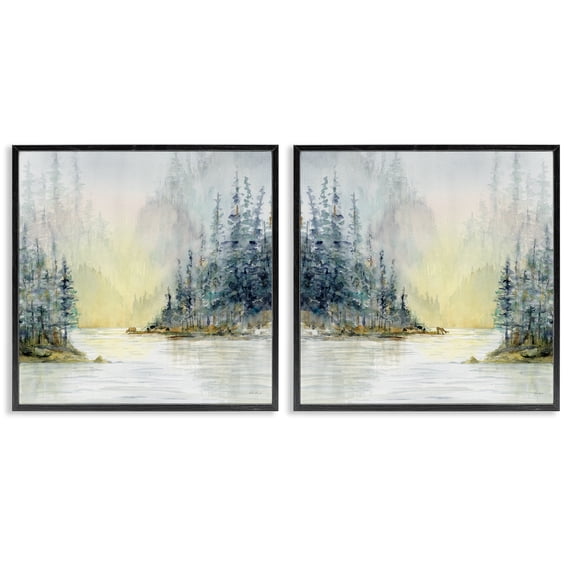 Stupell Industries Distant Deer Bear Pine Trees Landscape & Nature Painting Black Framed Art Print Wall Art, 17 x 17, Set of 2