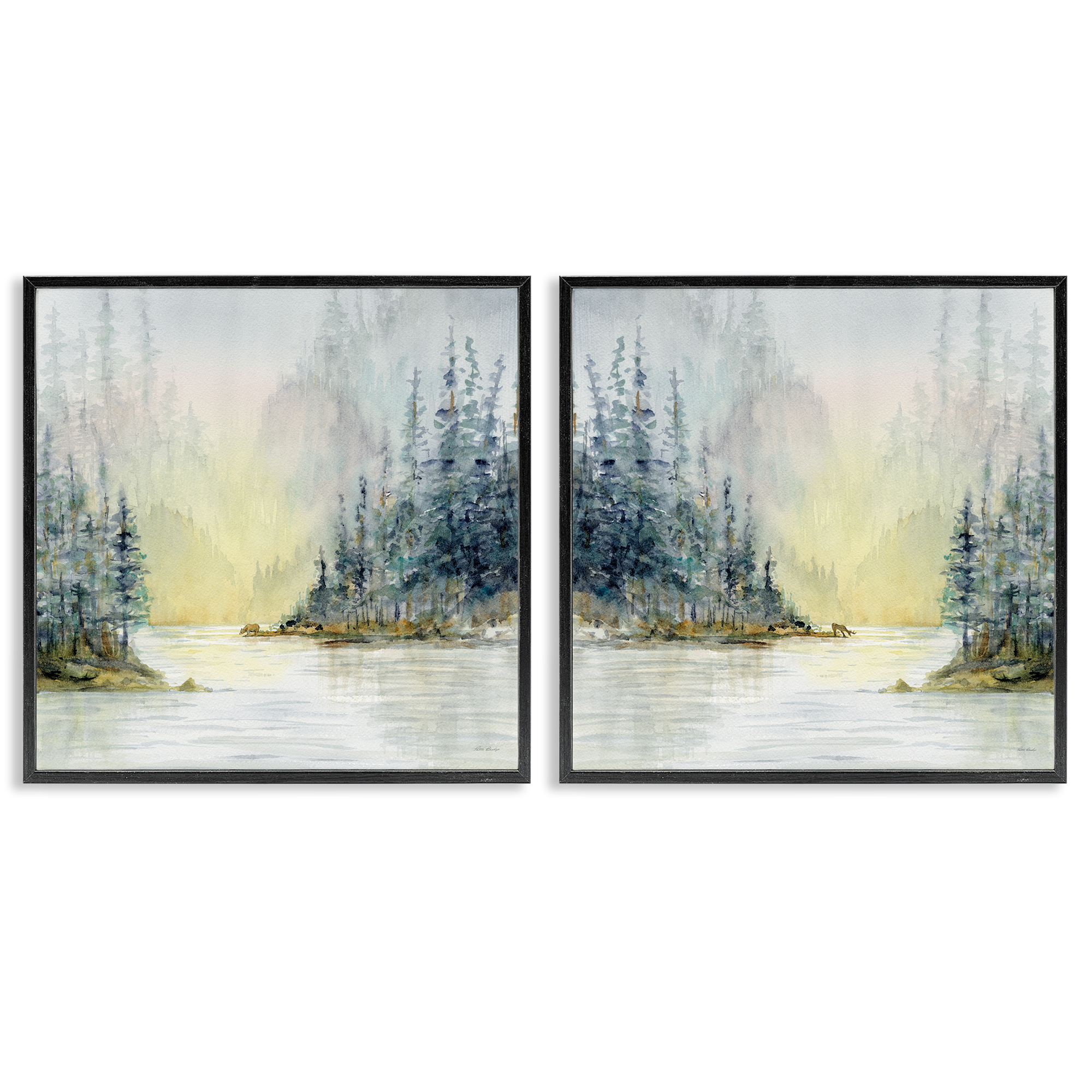 Stupell Industries Distant Deer Bear Pine Trees Landscape & Nature Painting Black Framed Art Print Wall Art, 24 x 24, Set of 2