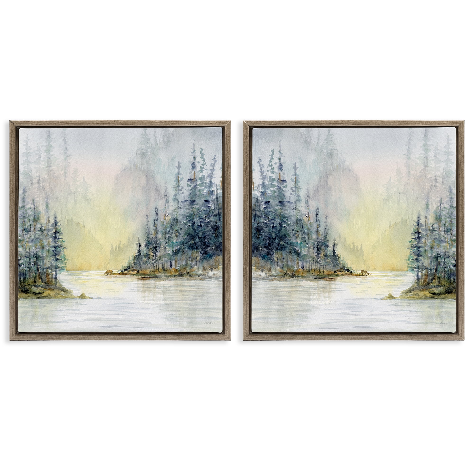 Stupell Industries Distant Deer Bear Pine Trees Landscape & Nature Painting Brown Floater Framed Canvas Art Print Wall Art, 18 x 18, Set of 2