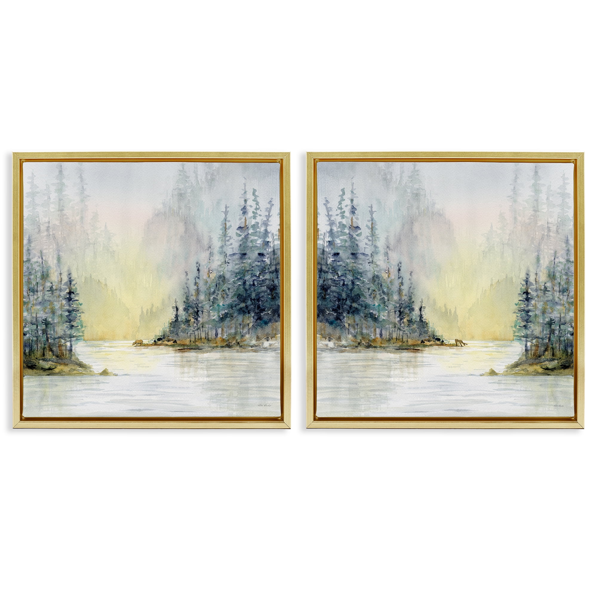 Stupell Industries Distant Deer Bear Pine Trees Landscape & Nature Painting Gold Floater Framed Canvas Art Print Wall Art, 18 x 18, Set of 2