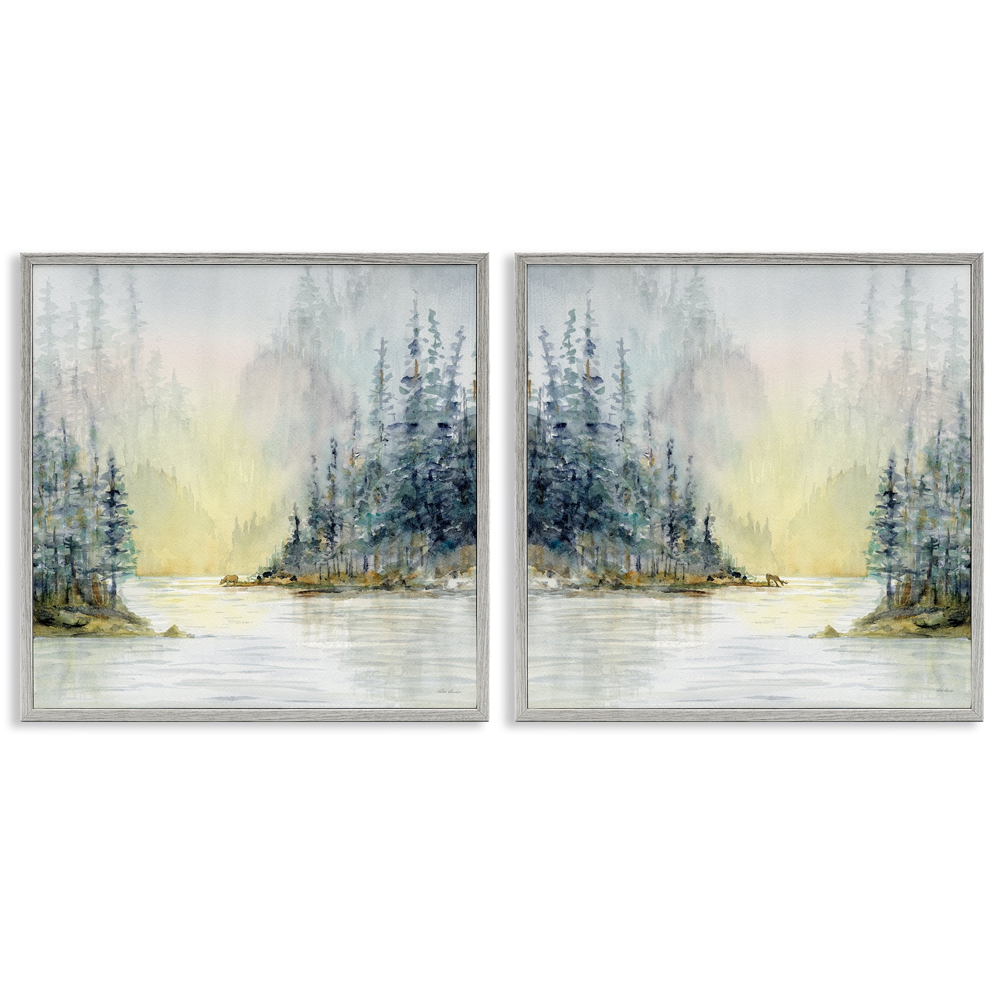 Stupell Industries Distant Deer Bear Pine Trees Landscape & Nature Painting Gray Framed Art Print Wall Art, 12 x 12, Set of 2