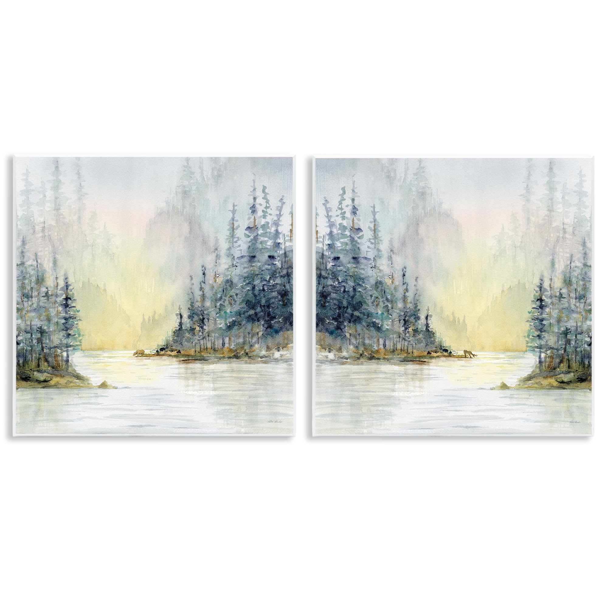 Stupell Industries Distant Deer Bear Pine Trees Landscape & Nature Painting Unframed Art Print Wall Art, 12 x 12, Set of 2