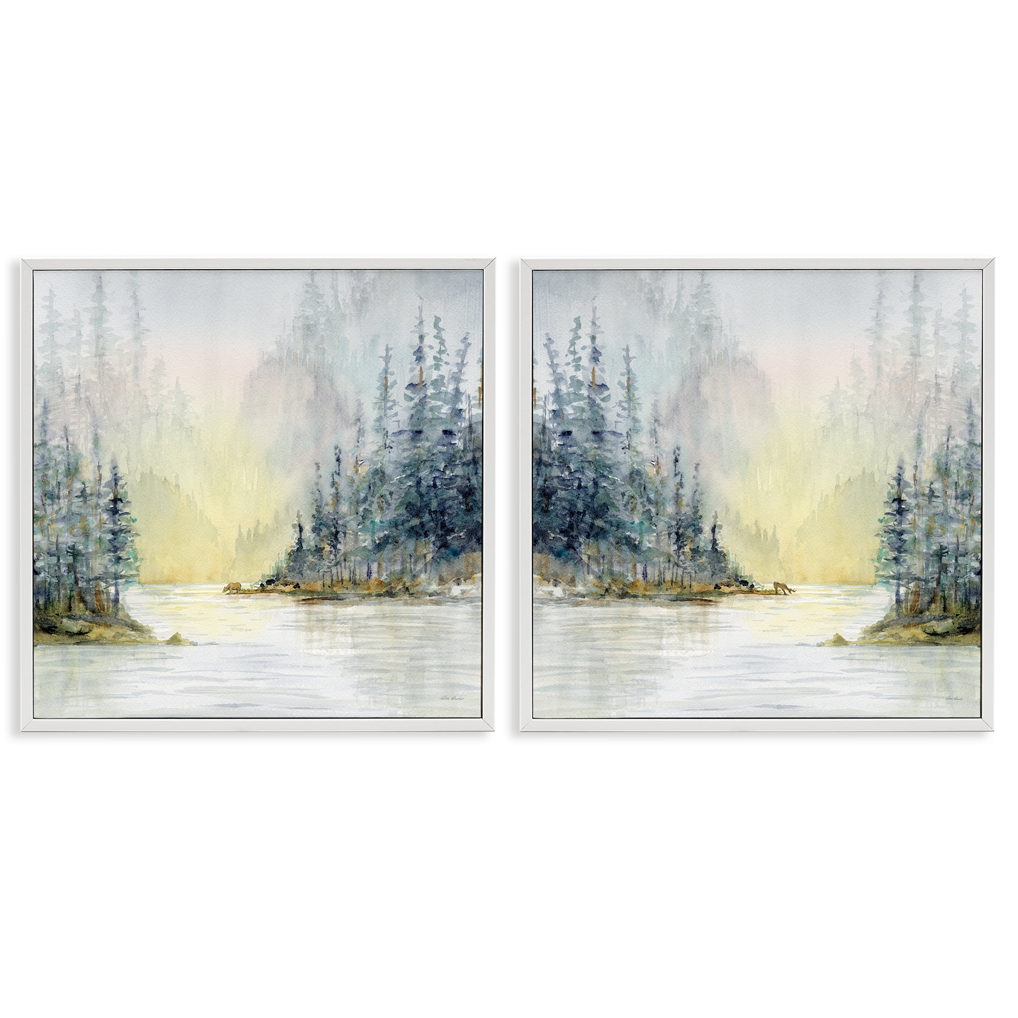 Stupell Industries Distant Deer Bear Pine Trees Landscape & Nature Painting White Framed Art Print Wall Art, 24 x 24, Set of 2