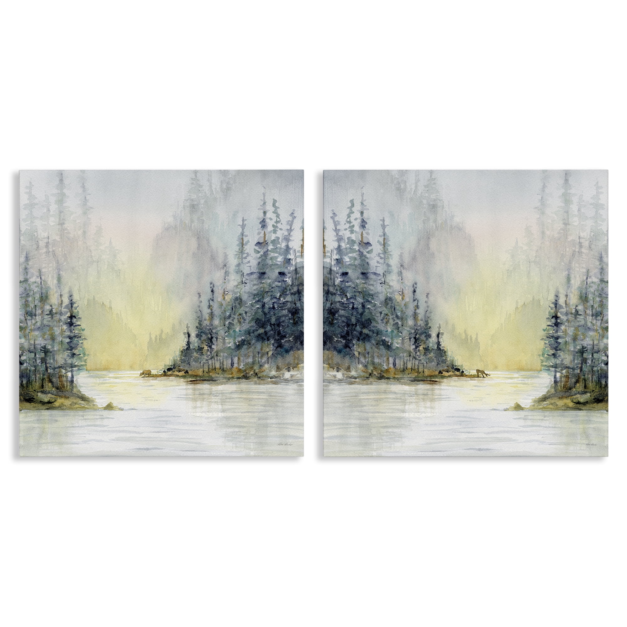 Stupell Industries Distant Deer Bear Pine Trees Landscape & Nature Painting Wrapped Canvas Art Print Wall Art, 24 x 24, Set of 2