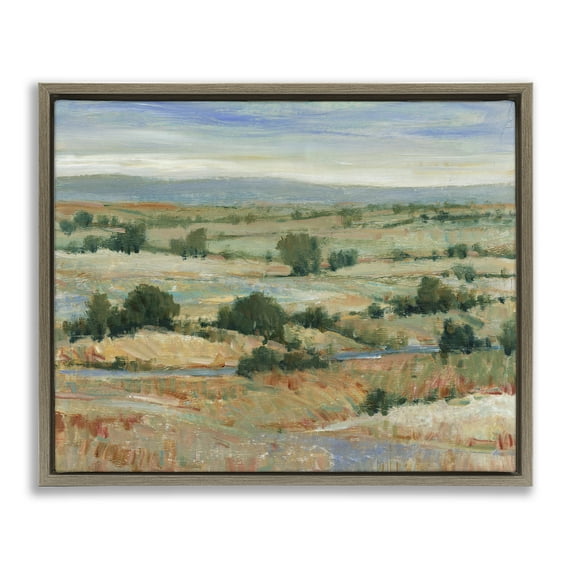 Stupell Industries Distant Farmland View Landscape & Nature Painting Brown Floater Framed Canvas Art Print Wall Art, 21 x 17