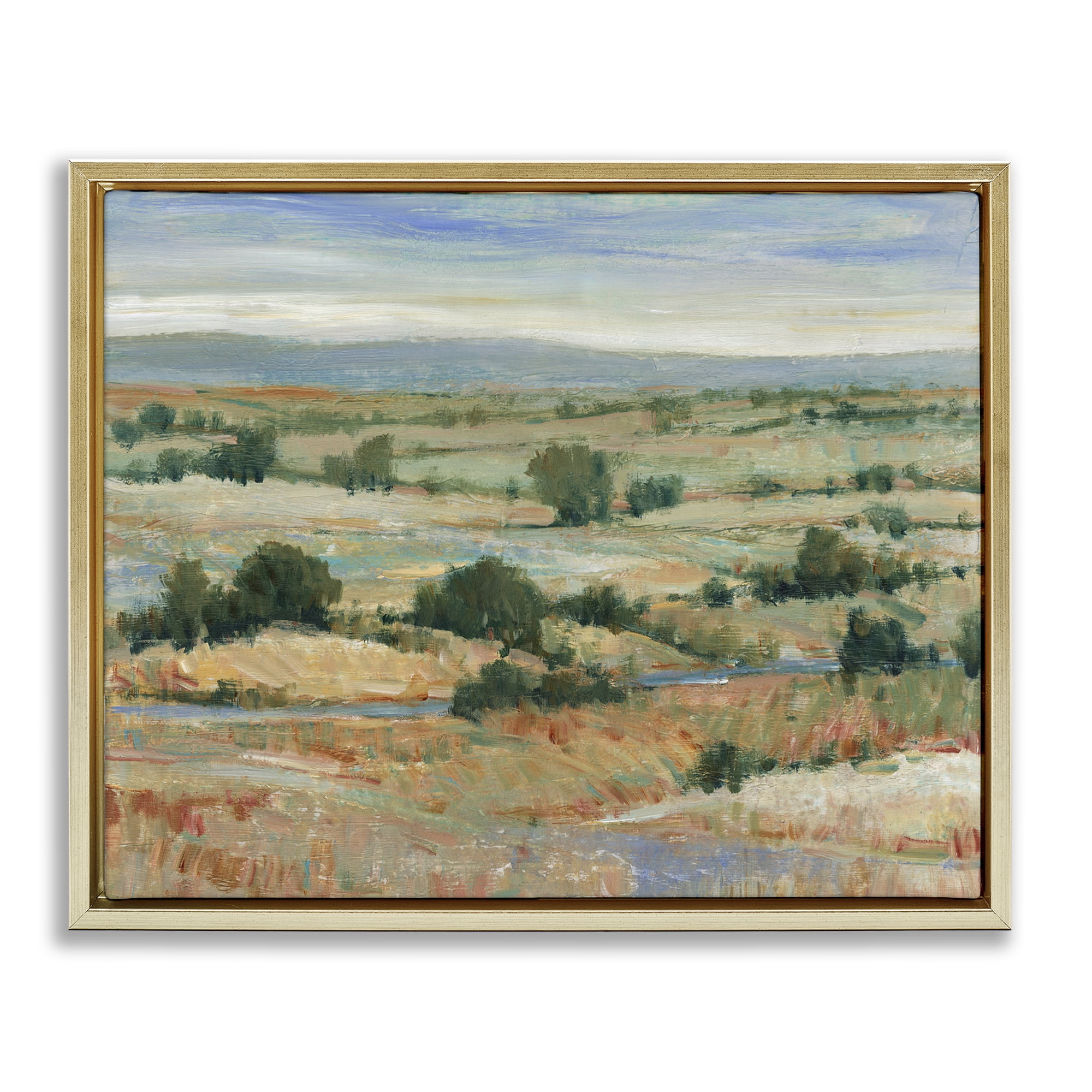 Stupell Industries Distant Farmland View Landscape & Nature Painting Gold Floater Framed Canvas Art Print Wall Art, 21 x 17
