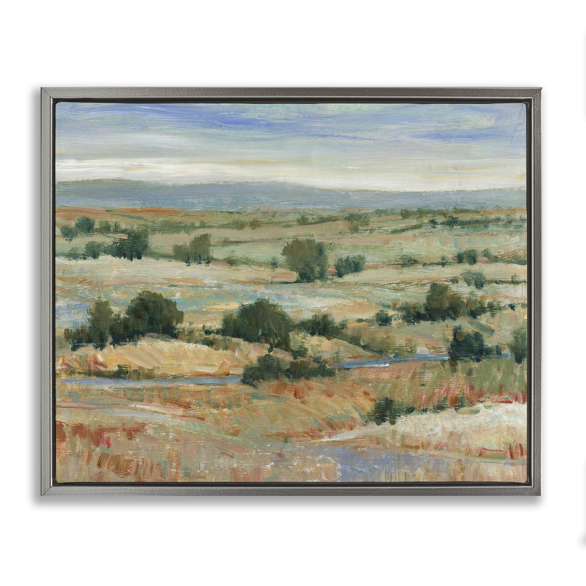 Stupell Industries Distant Farmland View Landscape & Nature Painting Gray Floater Framed Canvas Art Print Wall Art, 21 x 17