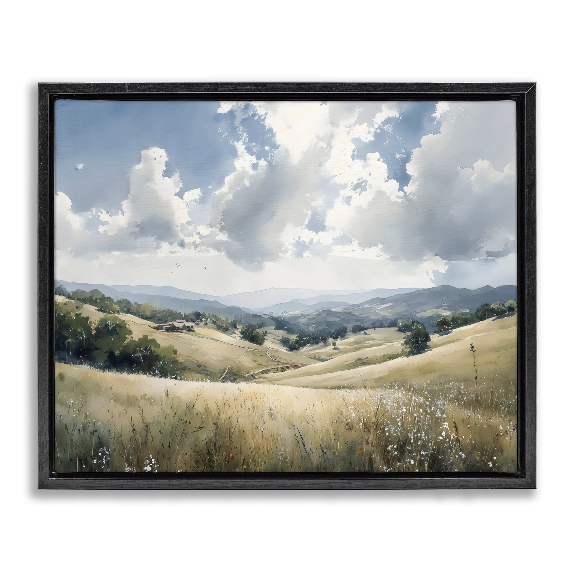 Stupell Industries Distant Hill House in Meadow Black Framed Floater Canvas Wall Art, design by Franklyn Gregory