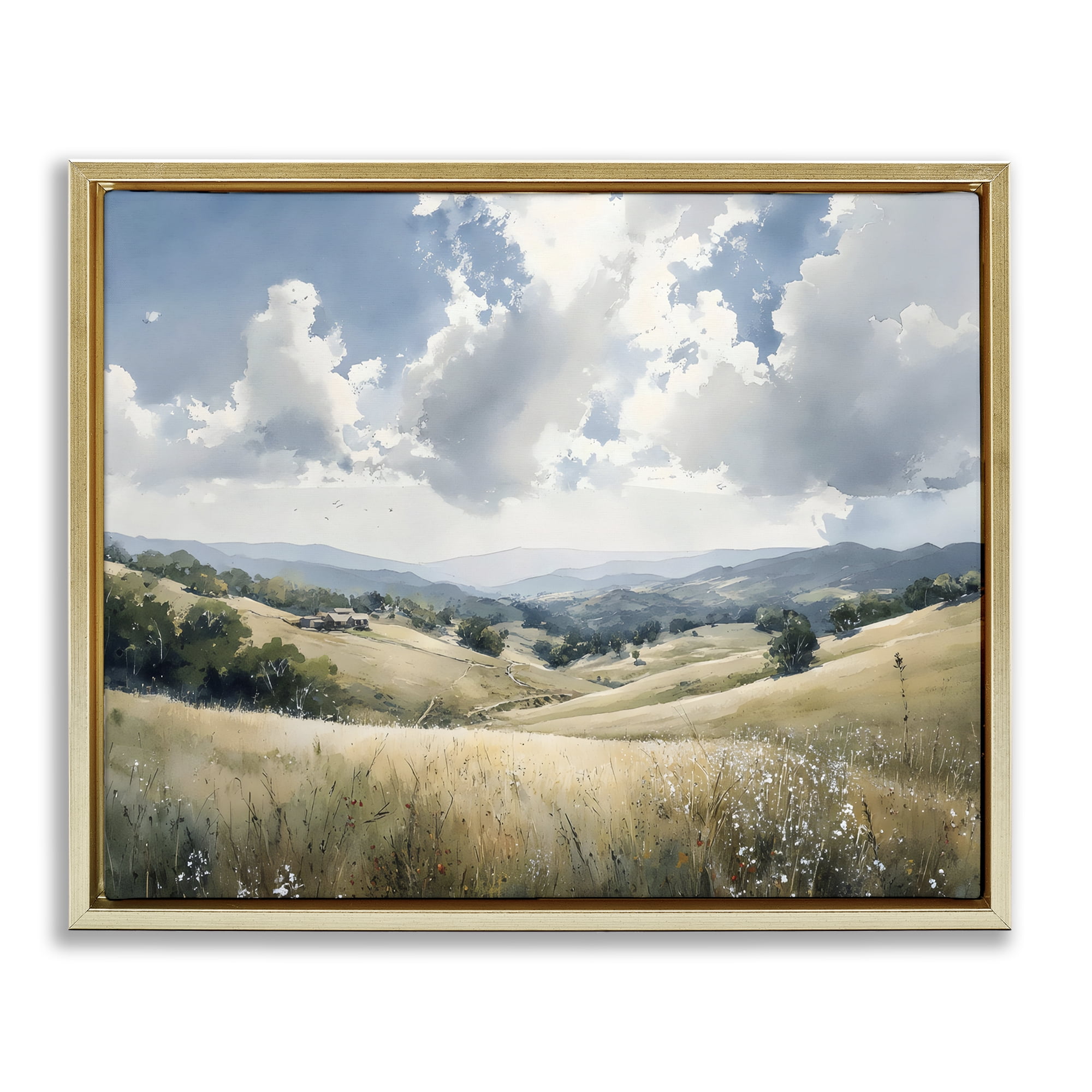 Stupell Industries Distant Hill House in Meadow Gold Framed Floater Canvas Wall Art, design by Franklyn Gregory