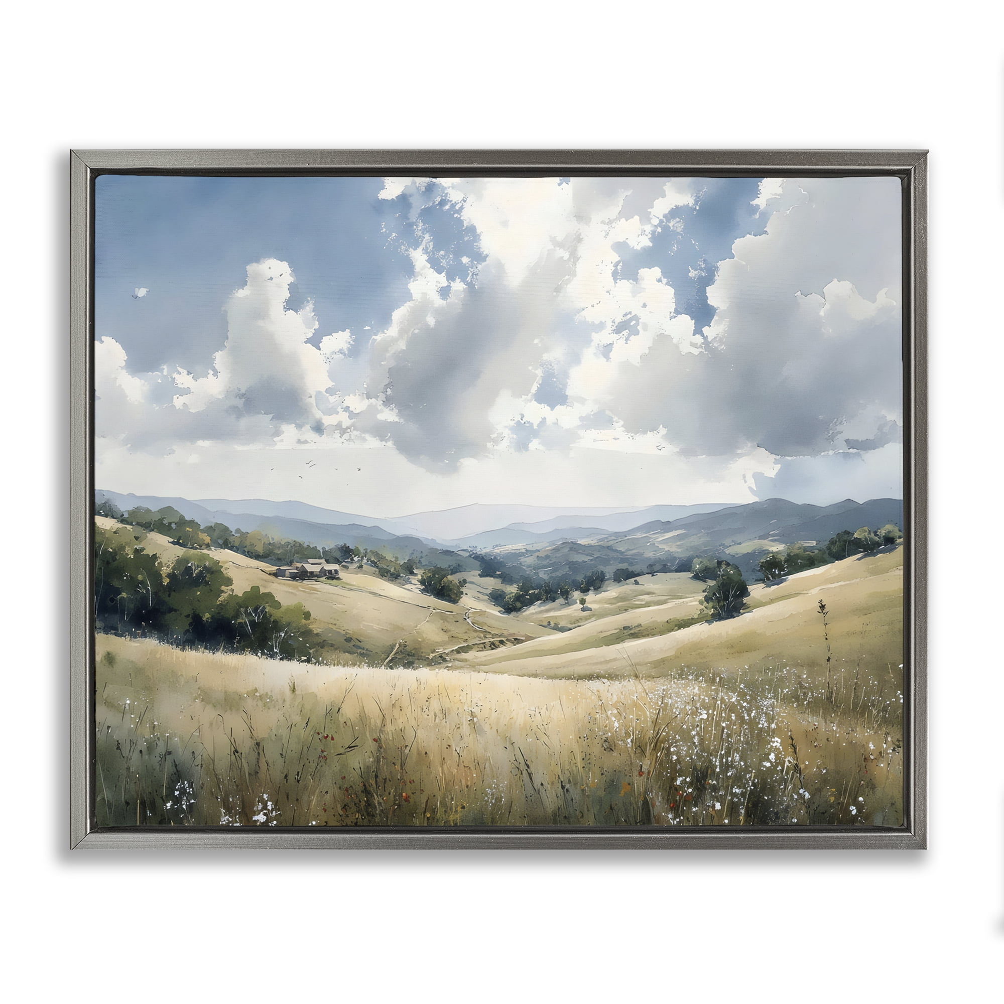Stupell Industries Distant Hill House in Meadow Gray Framed Floater Canvas Wall Art, design by Franklyn Gregory