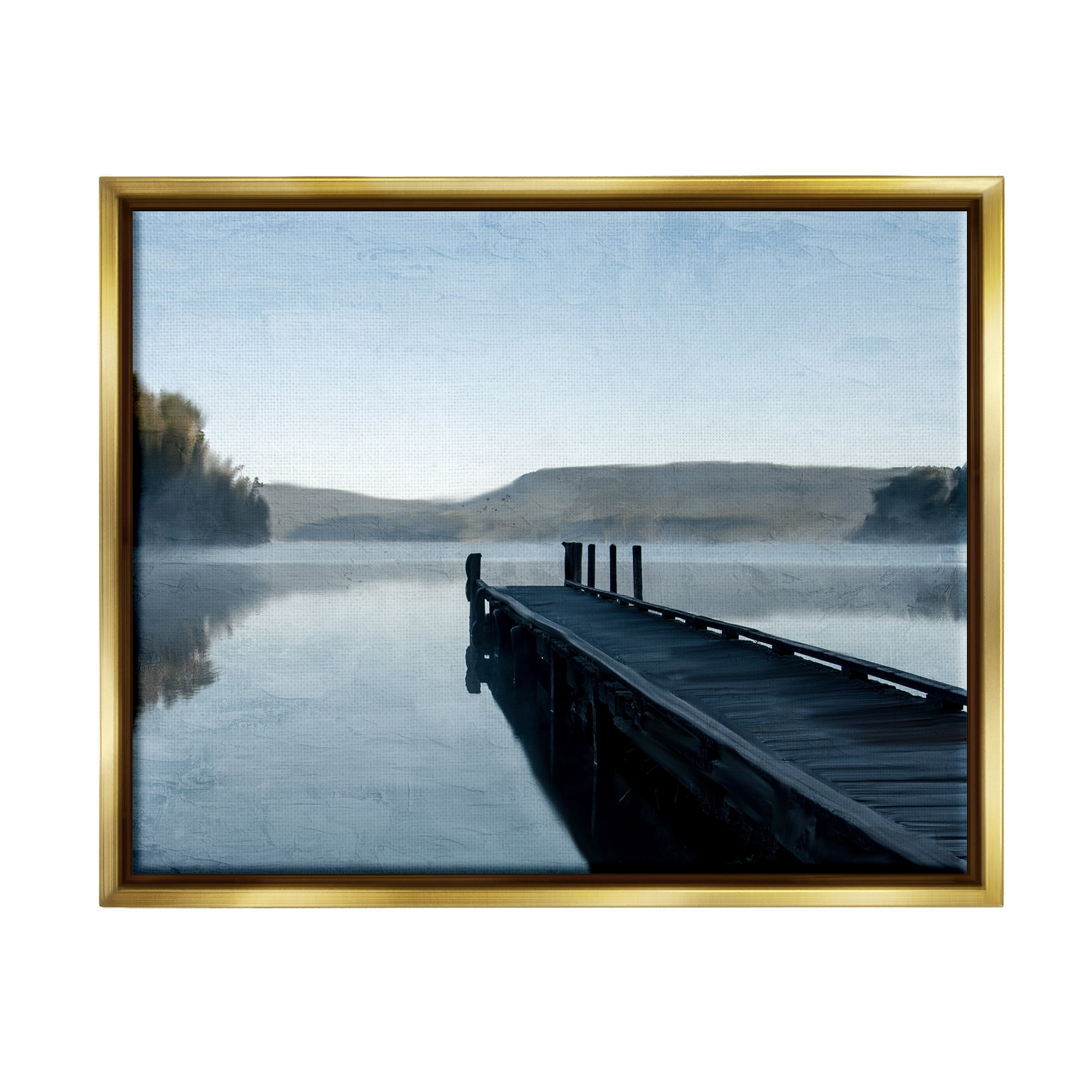 Stupell Industries Distant Lake Dock Landscape Painting Gold Floater Framed Canvas Art Print Wall Art, 31 x 25