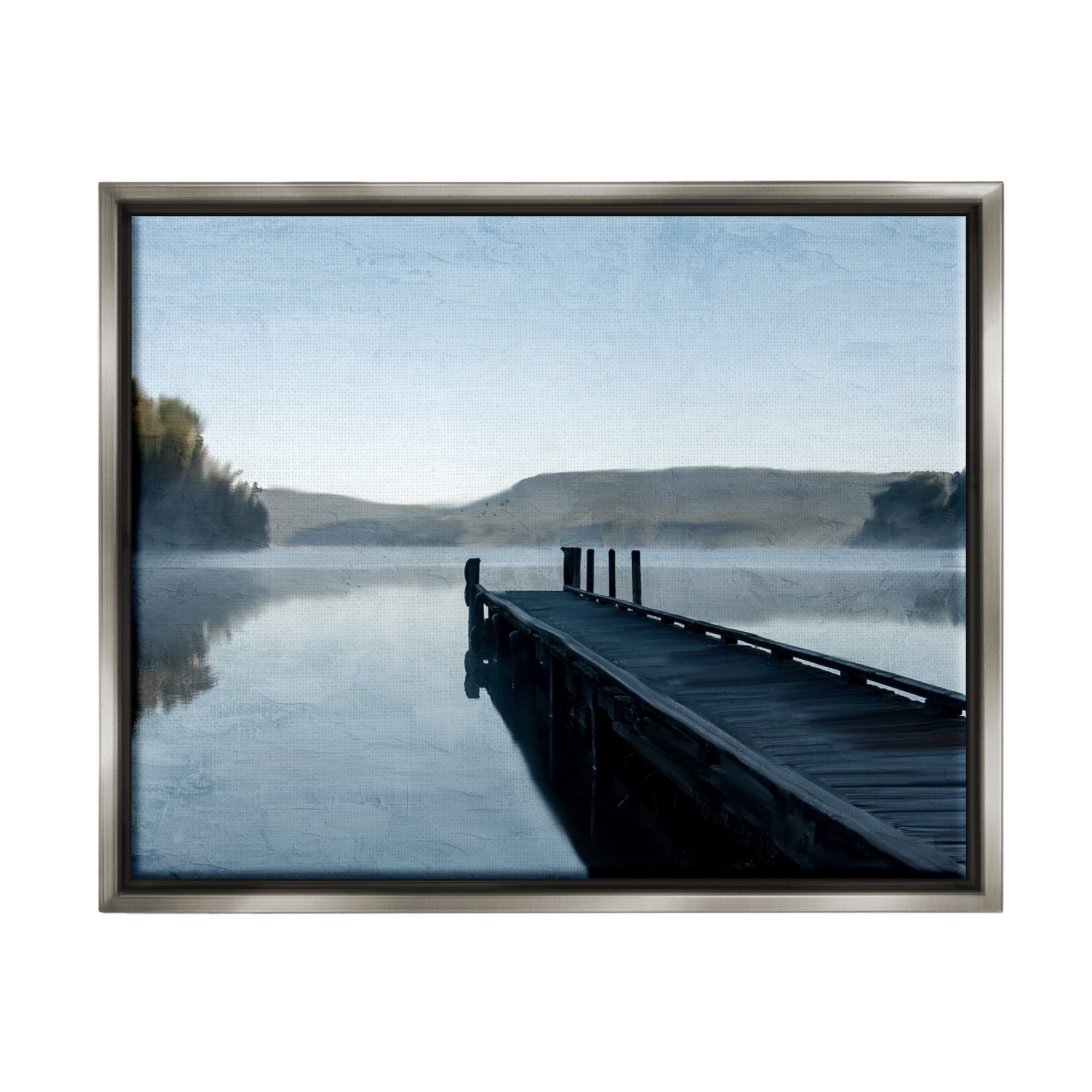 Stupell Industries Distant Lake Dock Landscape Painting Gray Floater Framed Canvas Art Print Wall Art, 21 x 17