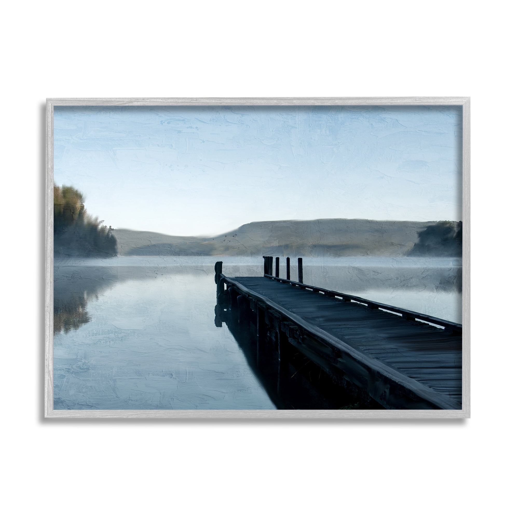 Stupell Industries Distant Lake Dock Landscape Painting Gray Framed Art Print Wall Art, 14 x 11