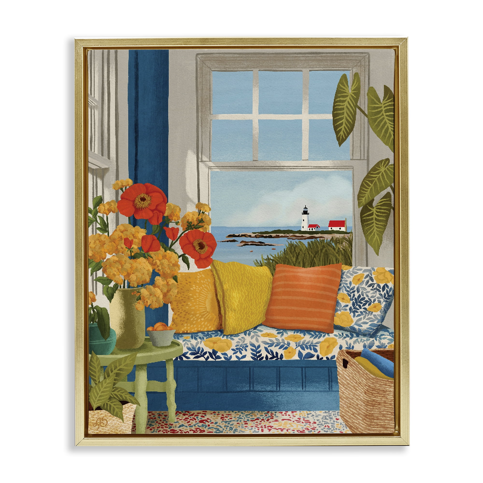 Stupell Industries Distant Lighthouse Window View Gold Framed Floater Canvas Wall Art, design by Lisa R Dumm