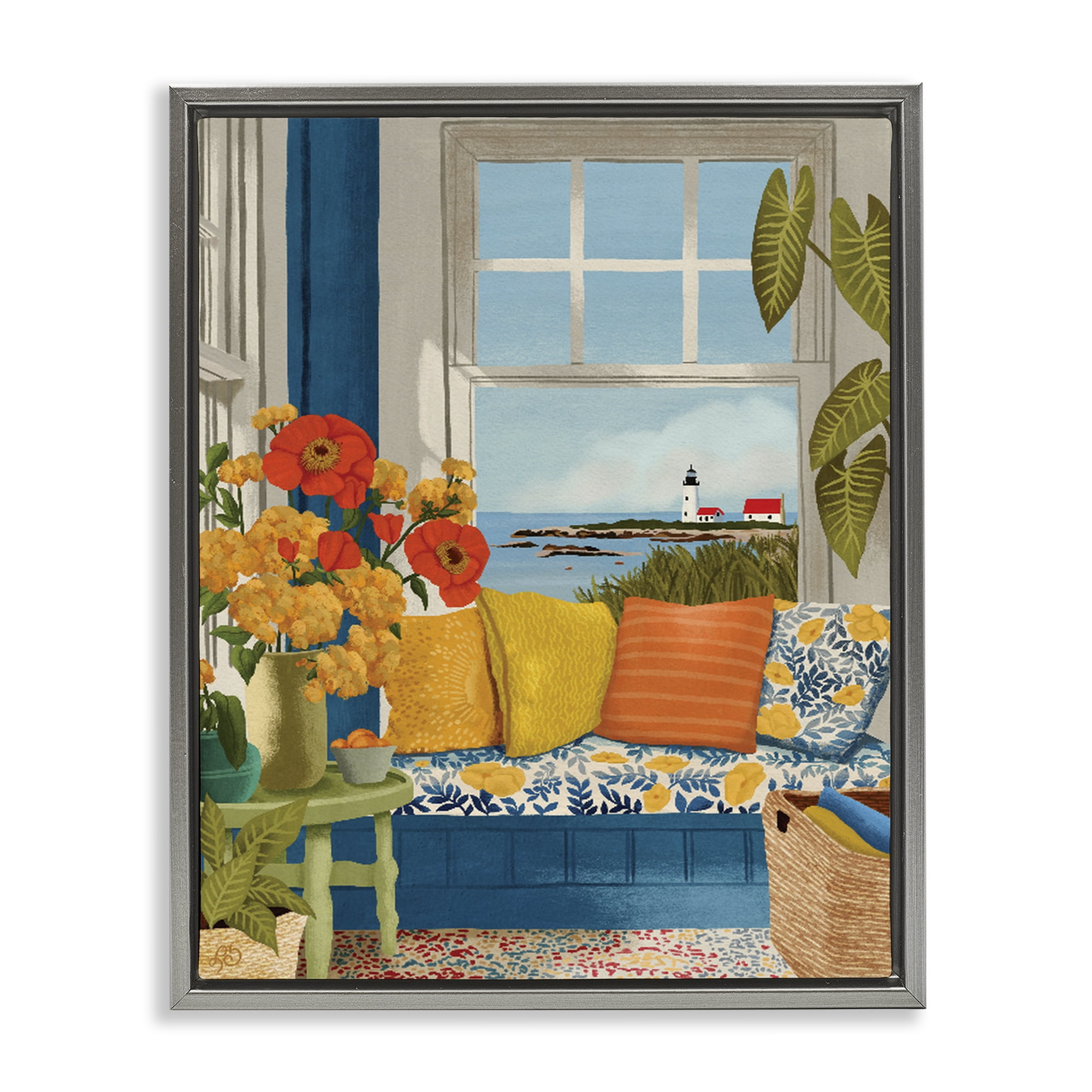 Stupell Industries Distant Lighthouse Window View Gray Framed Floater Canvas Wall Art, design by Lisa R Dumm