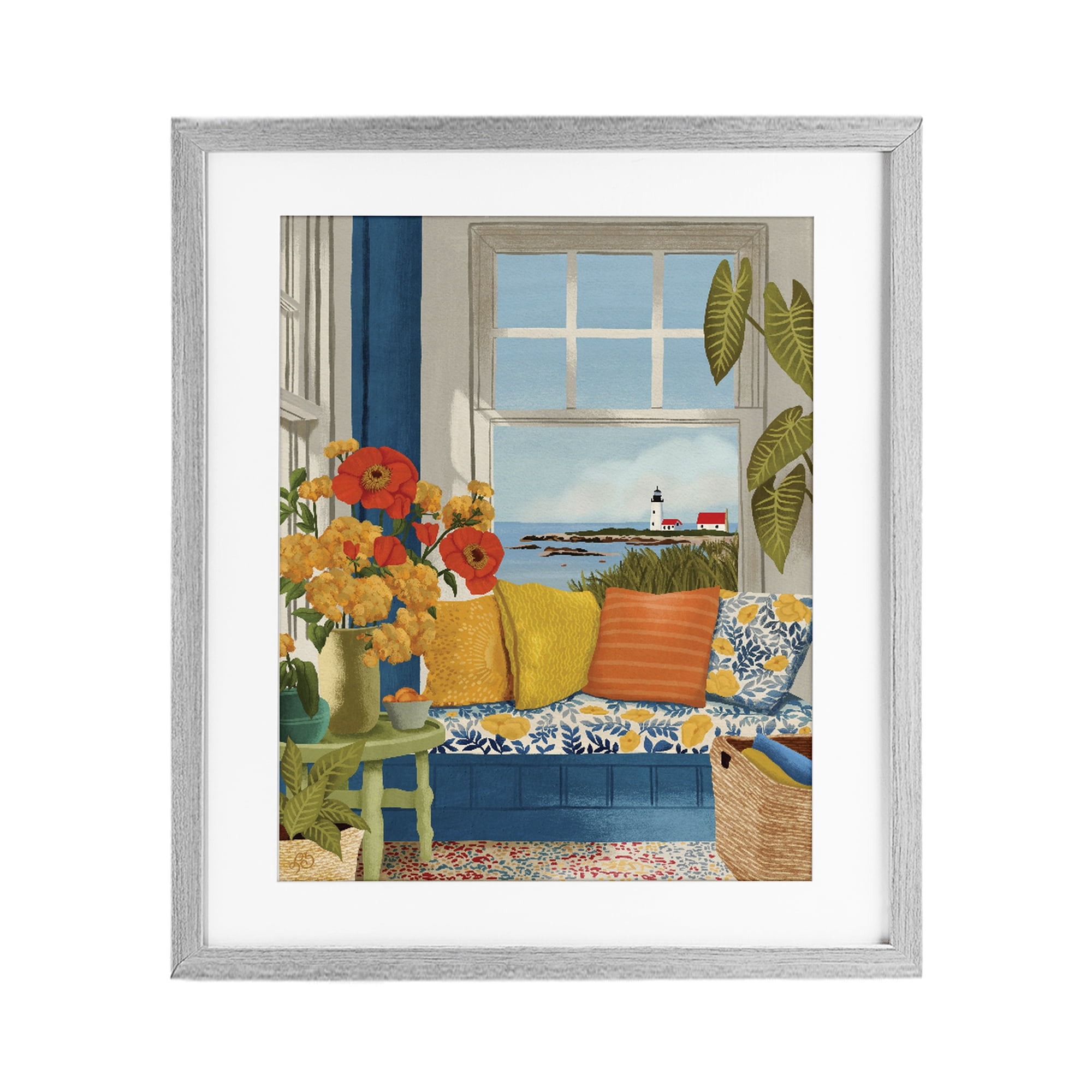 Stupell Industries Distant Lighthouse Window View Gray Framed Print Under Glass, design by Lisa R Dumm