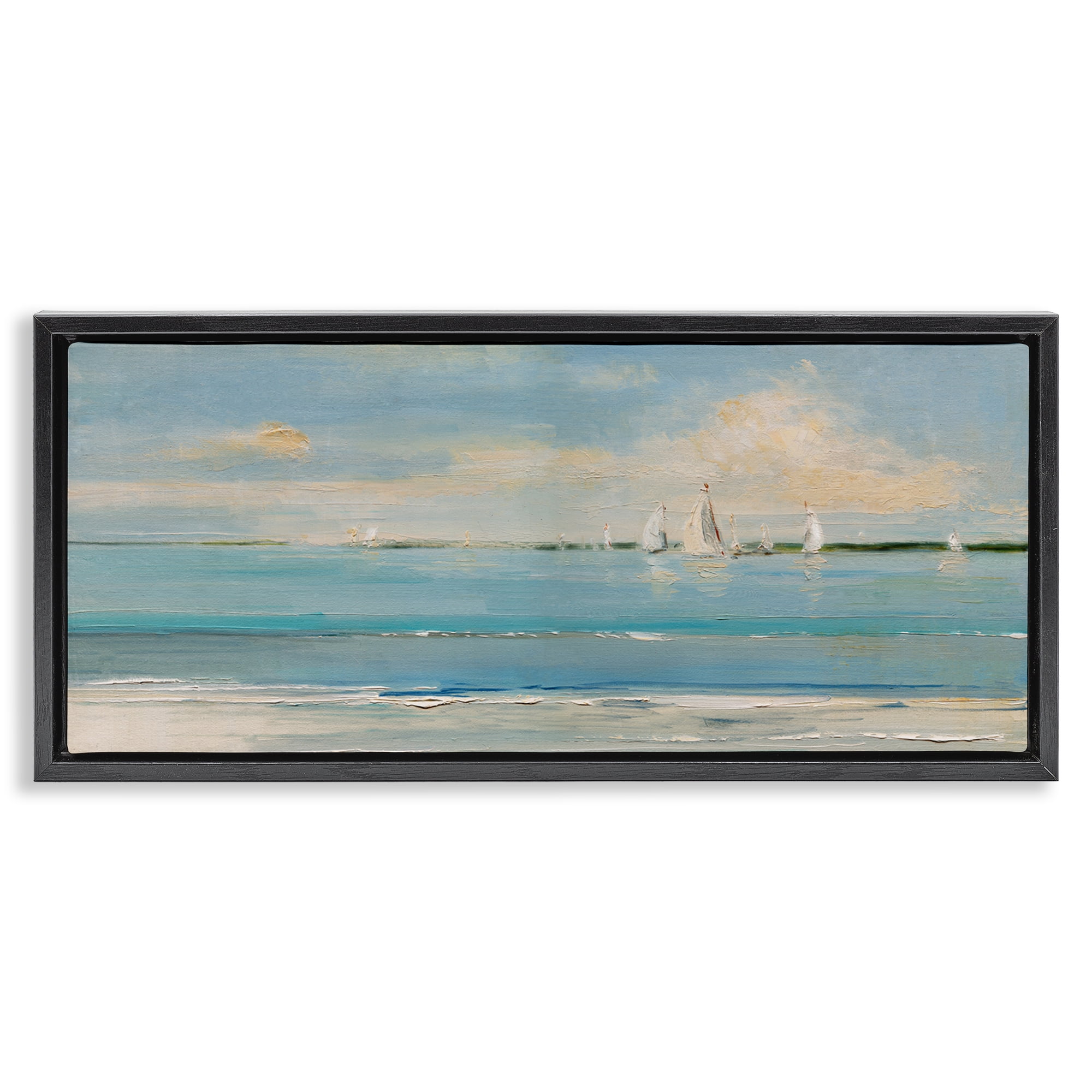 Stupell Industries Distant Painterly Sailboats Nautical & Beach Painting Black Floater Framed Canvas Art Print Wall Art, 31 x 14