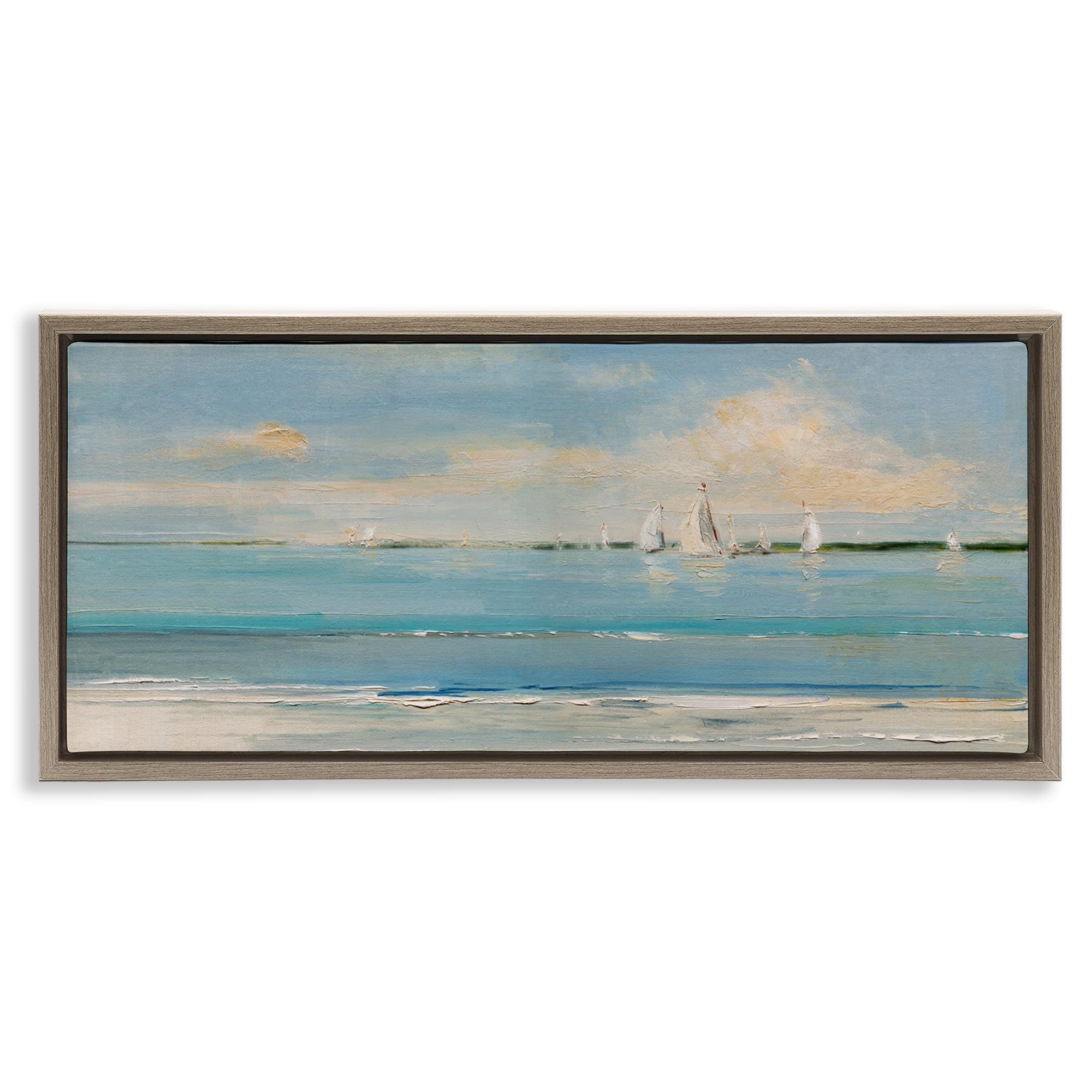 Stupell Industries Distant Painterly Sailboats Nautical & Beach Painting Brown Floater Framed Canvas Art Print Wall Art, 25 x 11